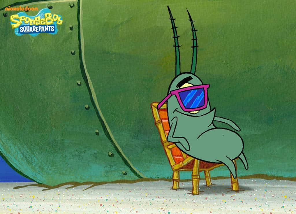 plankton 桌布 壁紙 — Squidward 戴著粉紅色太陽眼鏡，靠著綠色潛艇外殼在水下竹椅上休息。