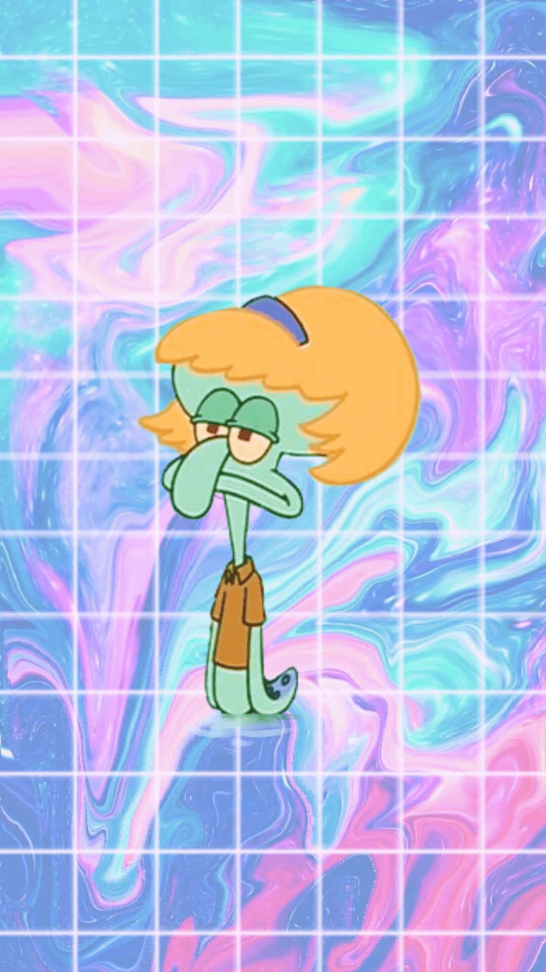 Aesthetic Spongebob 桌布 壁紙 — Squidward 沮喪地站在一個充滿活力的旋轉粉彩背景上，上面覆蓋著發光的網格。