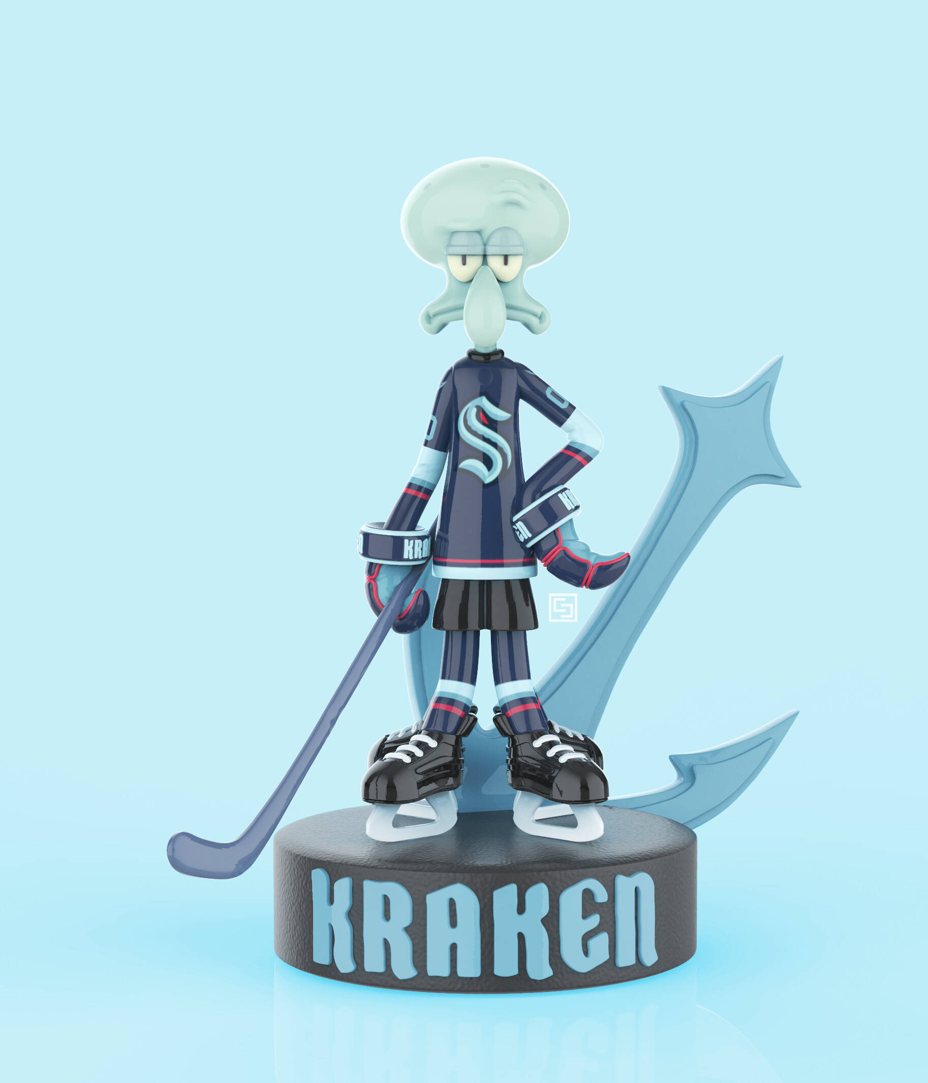 Kraken 桌布 壁紙 — Squidward 穿著曲棍球制服，腳踏溜冰鞋，手持球棍，站在一個巨大的錨獎盃旁邊。