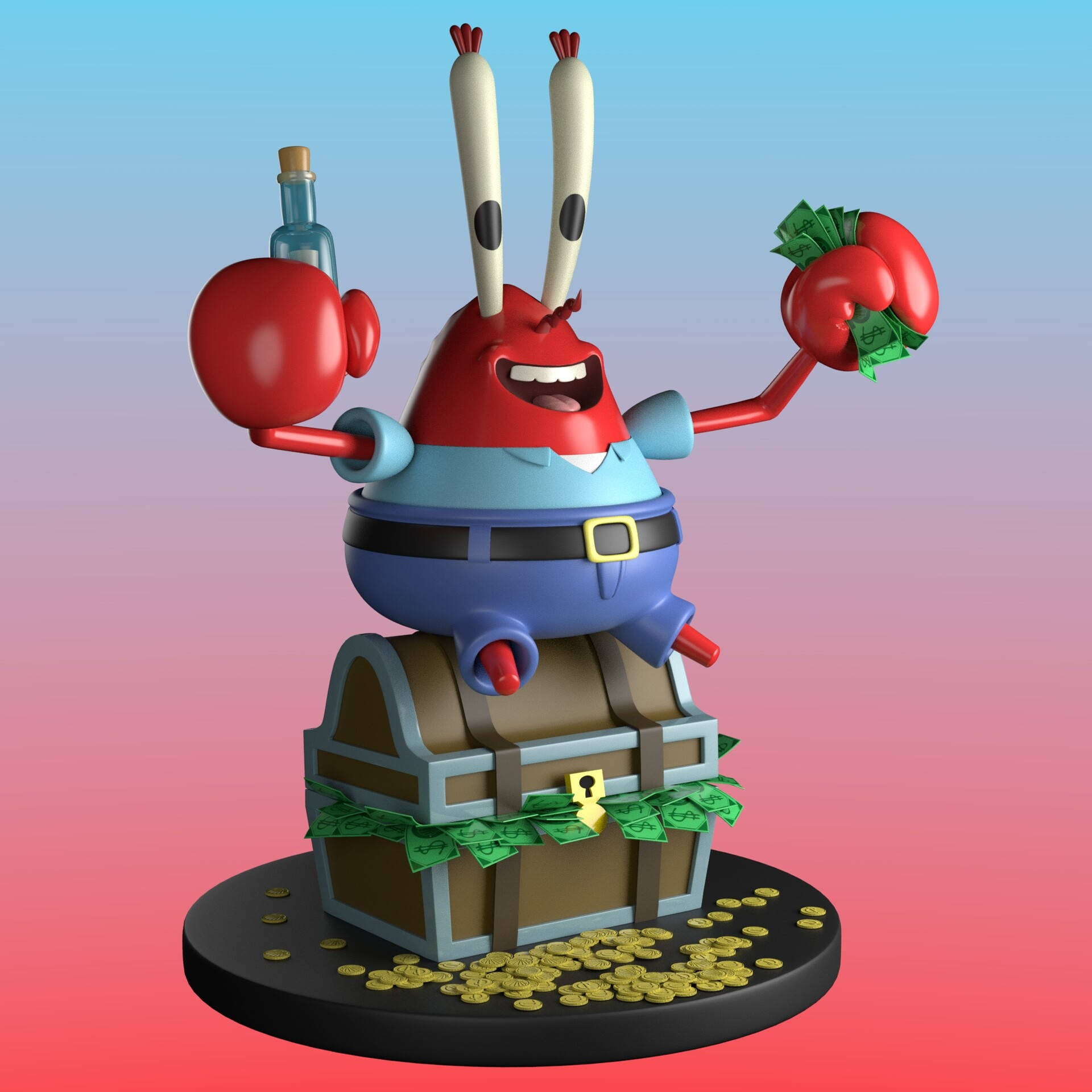 Mr Krabs 桌布 壁紙 — Squidward 站在一個裝滿現金和硬幣的寶箱上，戴著拳擊手套拿著錢，背景是漸變天空。