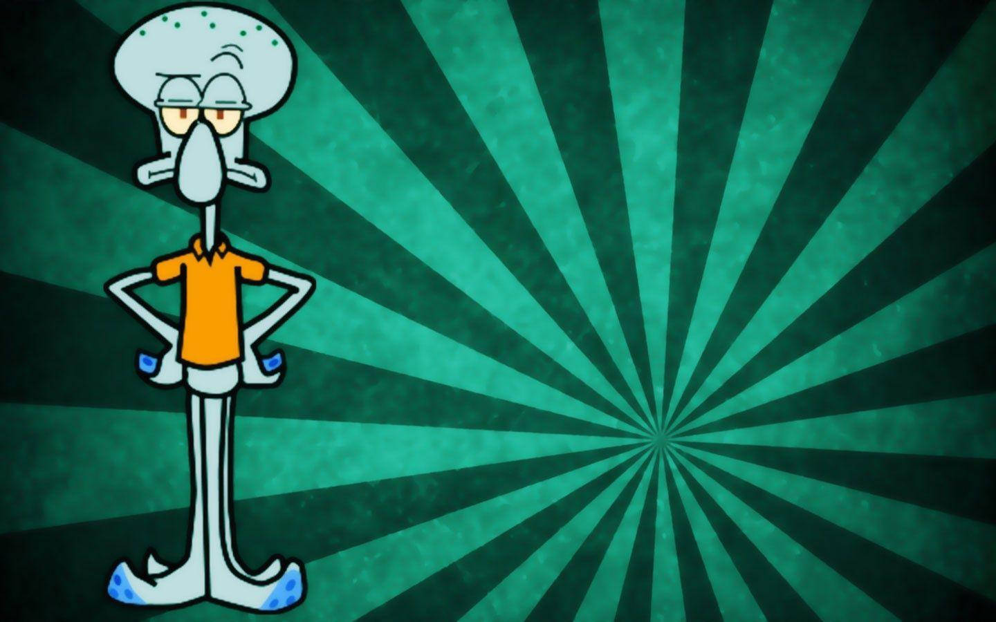 Tentacles 桌布 壁紙 — Squidward 自信地雙手叉腰，站在綠色放射狀背景前。