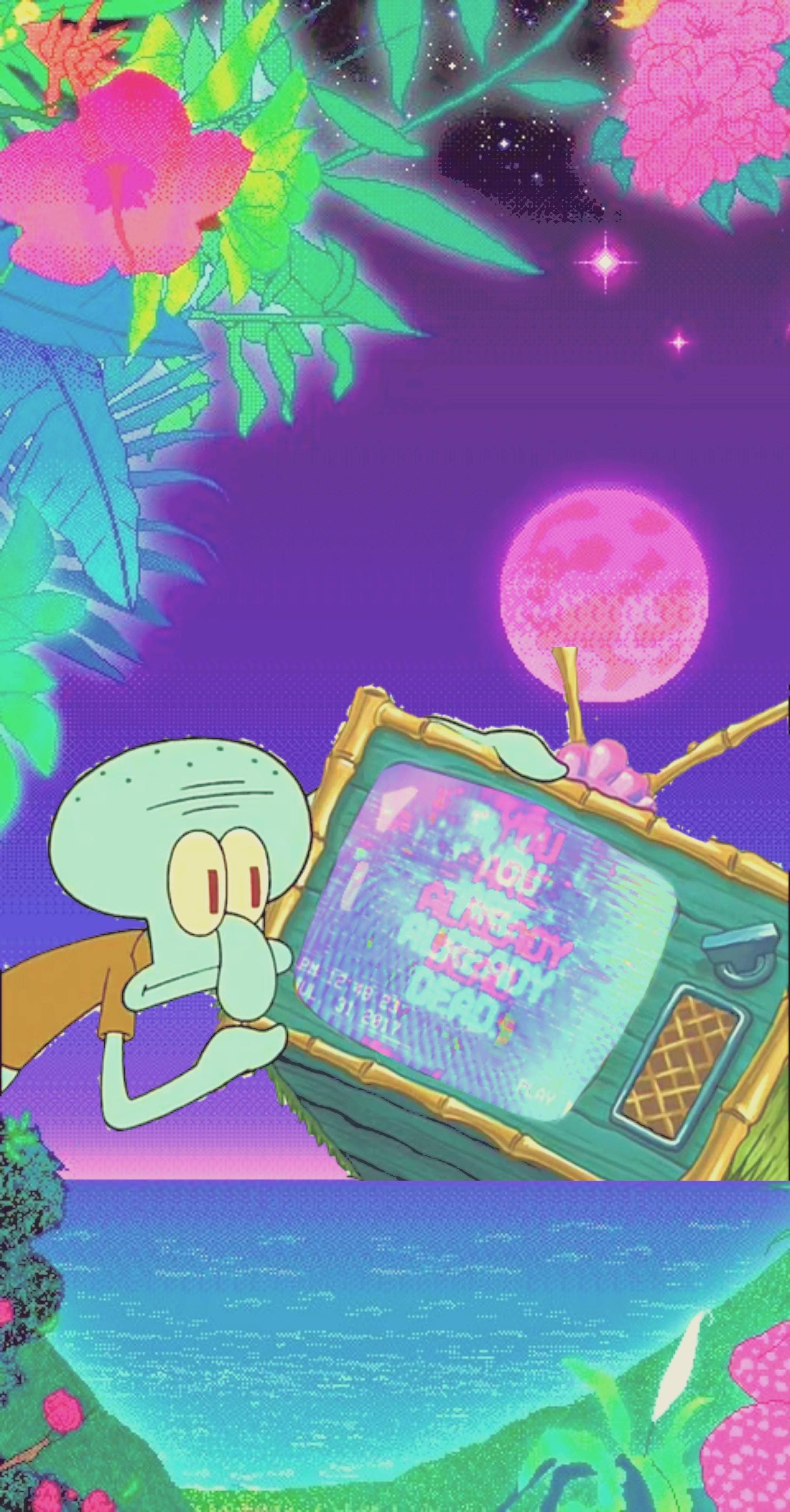 dank 桌布 壁紙 — Squidward 驚恐地盯著一台復古電視，螢幕上顯示「YOU ALREADY DEAD」，背景是超現實的紫色夜空，有粉紅色的月亮和發光的花朵。