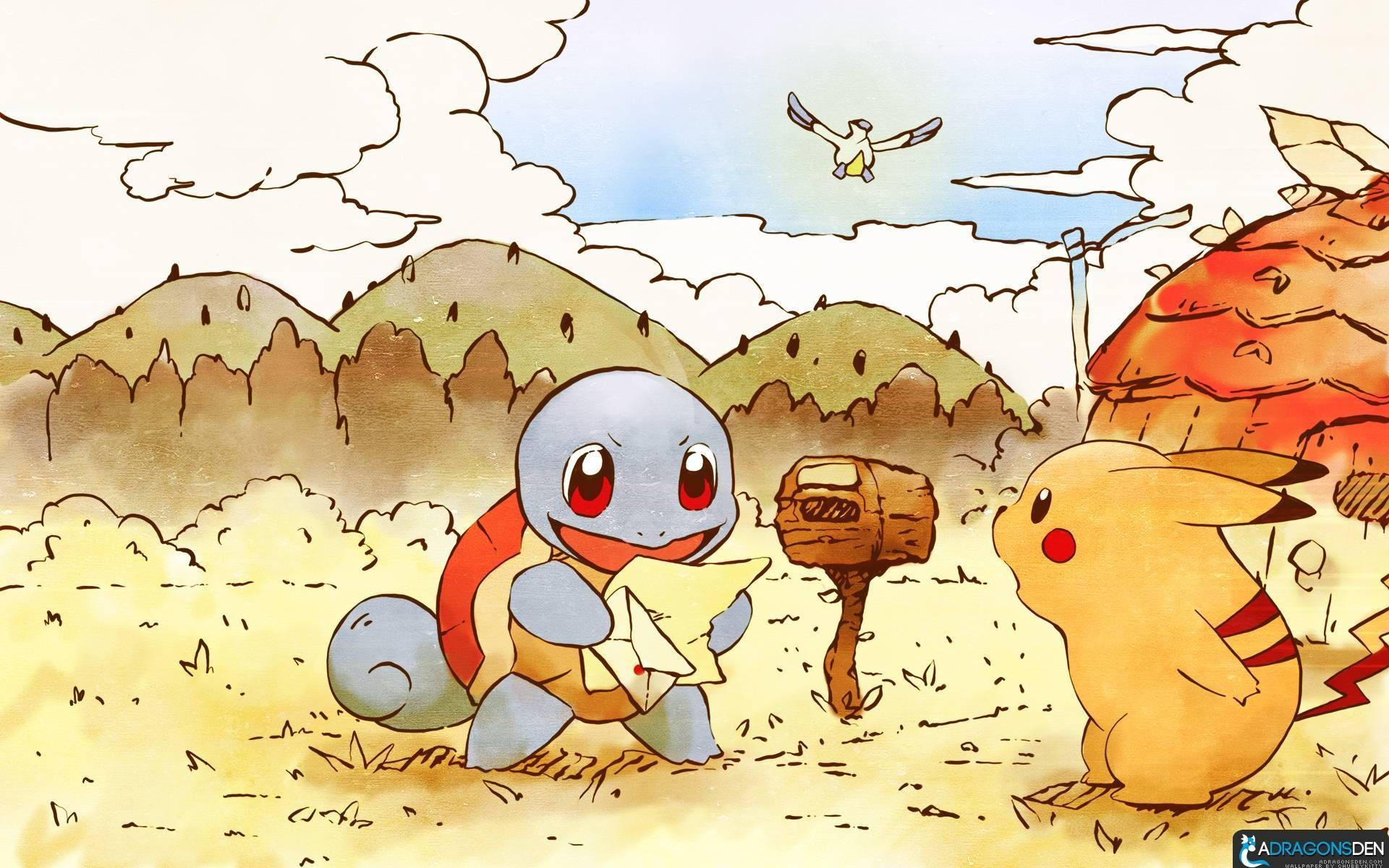 可愛寶可夢 桌布 壁紙 — Squirtle 和 Pikachu 站在陽光明媚的田野中，手持木槌，背景有山脈和一隻飛鳥。