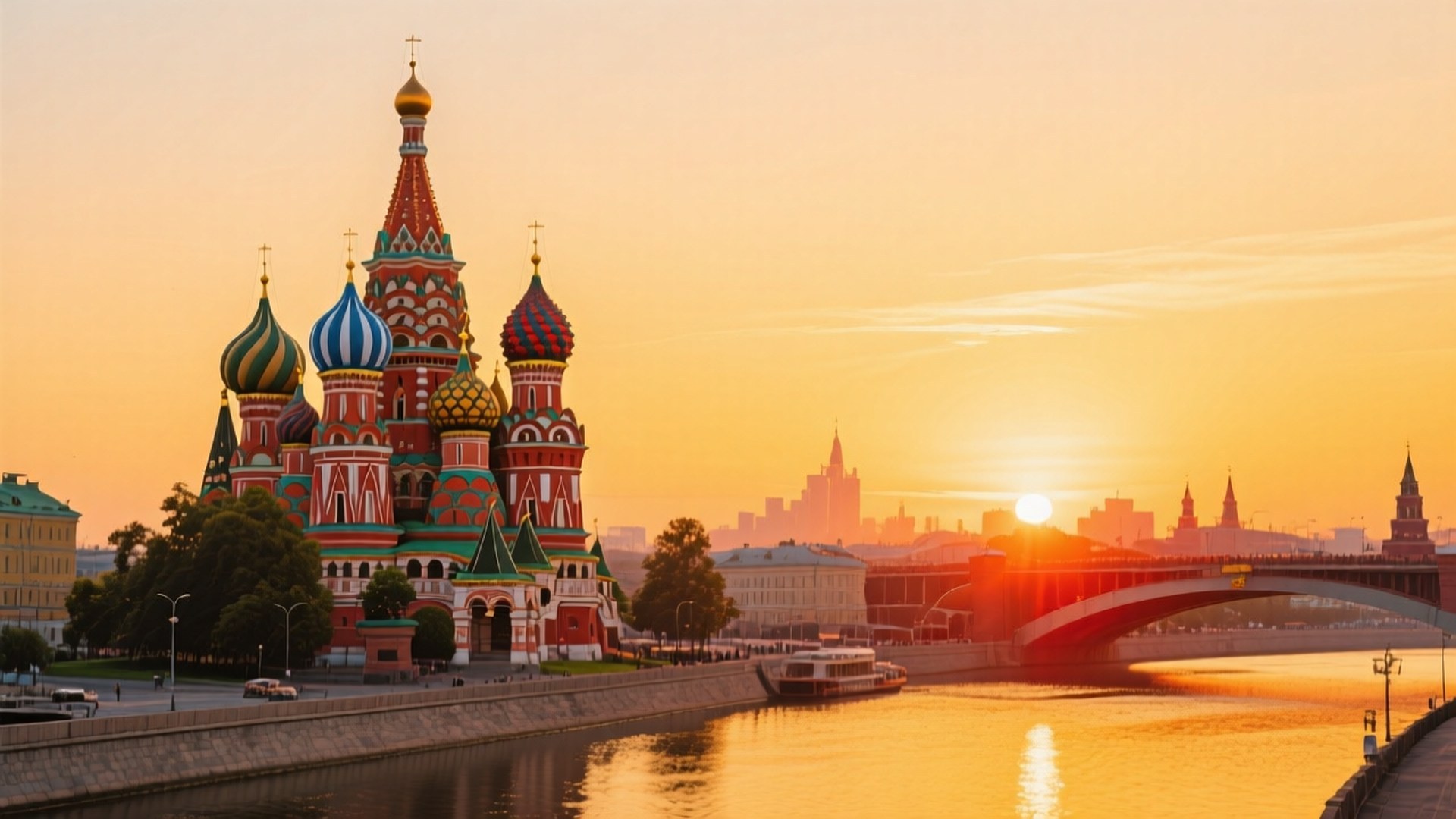 Golden Morning in Moscow 壁紙 — 色彩繽紛的洋蔥形圓頂聖巴西爾大教堂在日落時分在莫斯科河畔閃耀，橋樑和城市天際線沐浴在溫暖的金色光芒中。