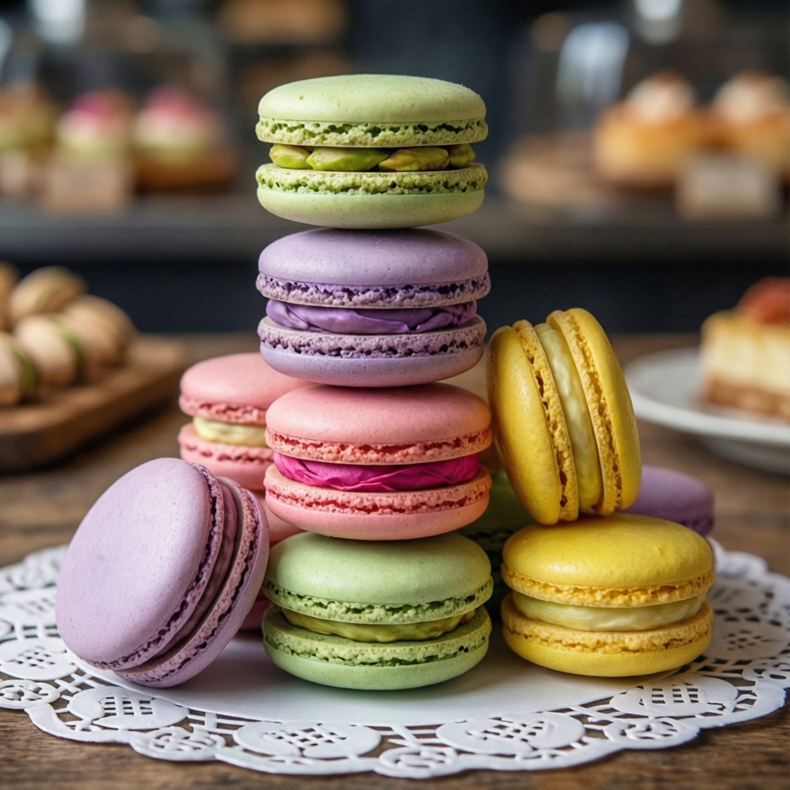 Pastel Macaron Tower 壁紙 — 一堆色彩繽紛的馬卡龍以柔和色調優雅地放在木桌上的蕾絲墊上。