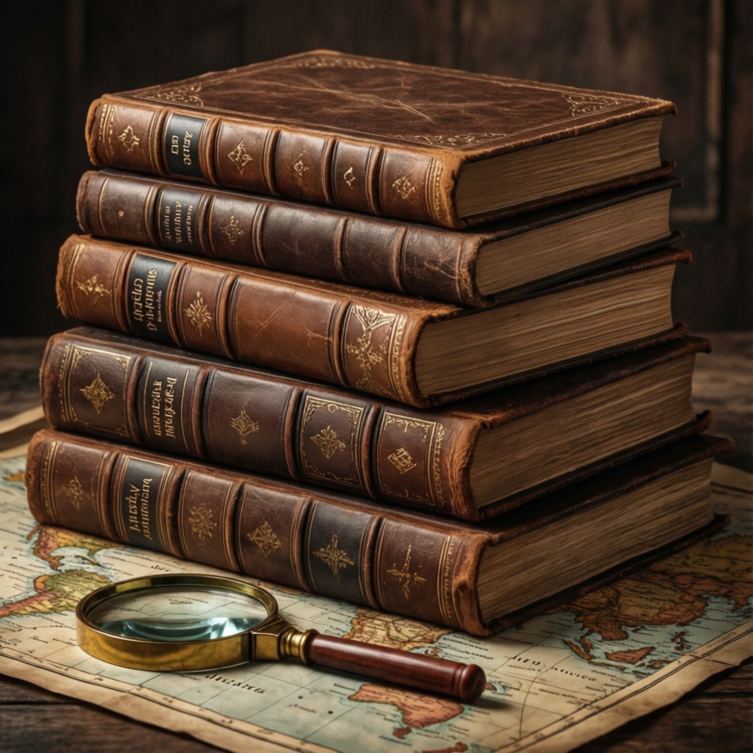 Mystery Collection 壁紙 — 五本皮革裝訂的復古書籍堆疊在舊世界地圖上，旁邊有一個黃銅放大鏡。