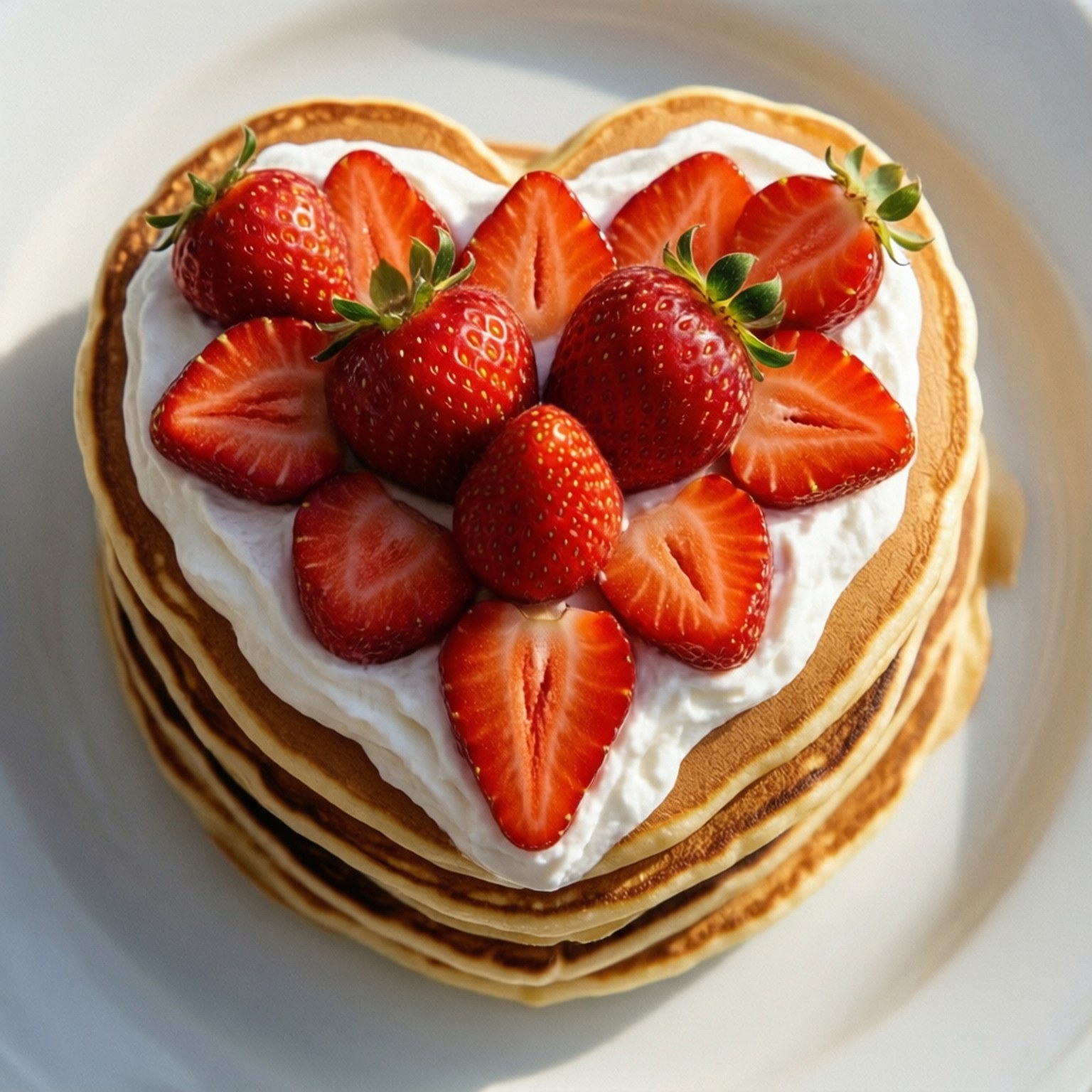 Heart Pancakes Breakfast 壁紙 — 一疊金色心形鬆餅，上面放有鮮奶油和新鮮整顆及切片草莓。