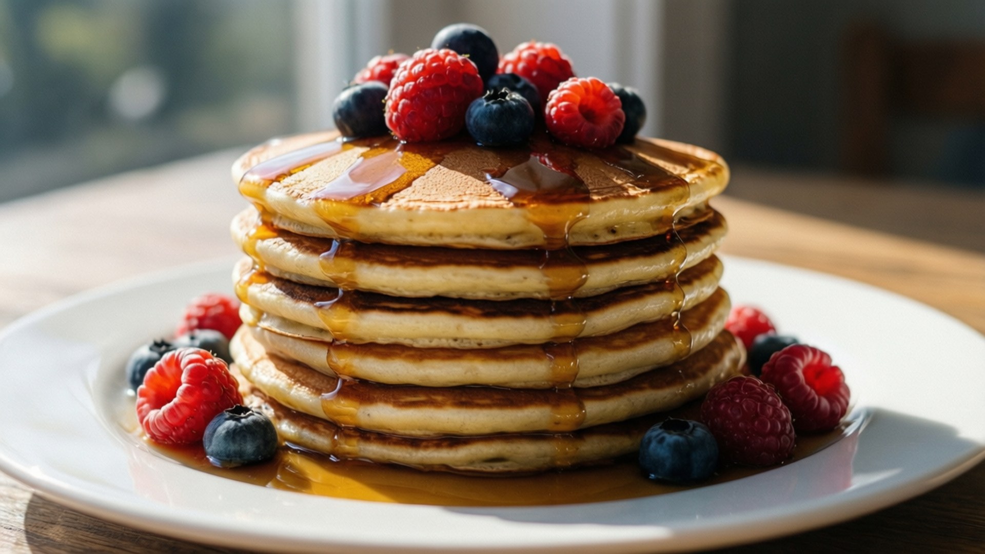 Pancake Breakfast Friday 壁紙 — 一疊高高的金黃色煎餅，淋上糖漿，上面放上新鮮的覆盆子和藍莓，放在白色盤子上。