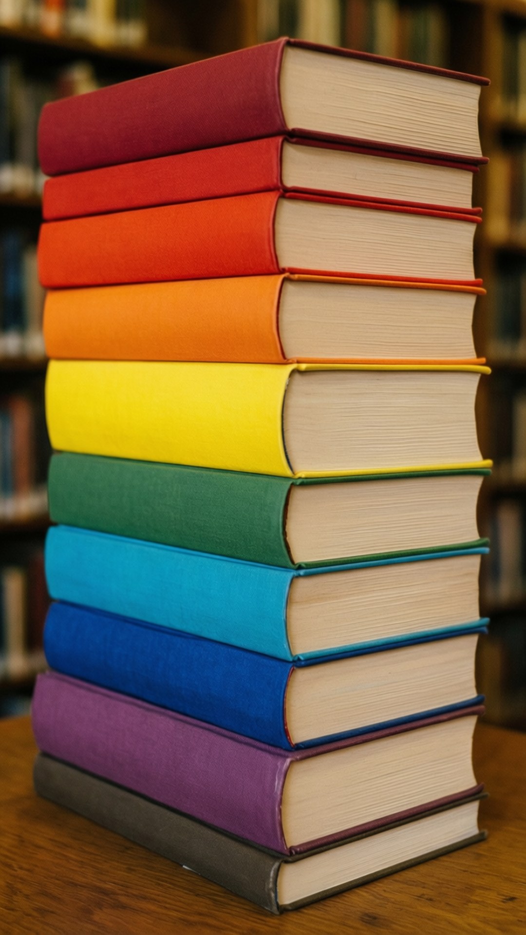 Rainbow Books Stack 壁紙 — 一堆精裝書，書脊呈彩虹色，高高堆放在圖書館的木桌上。