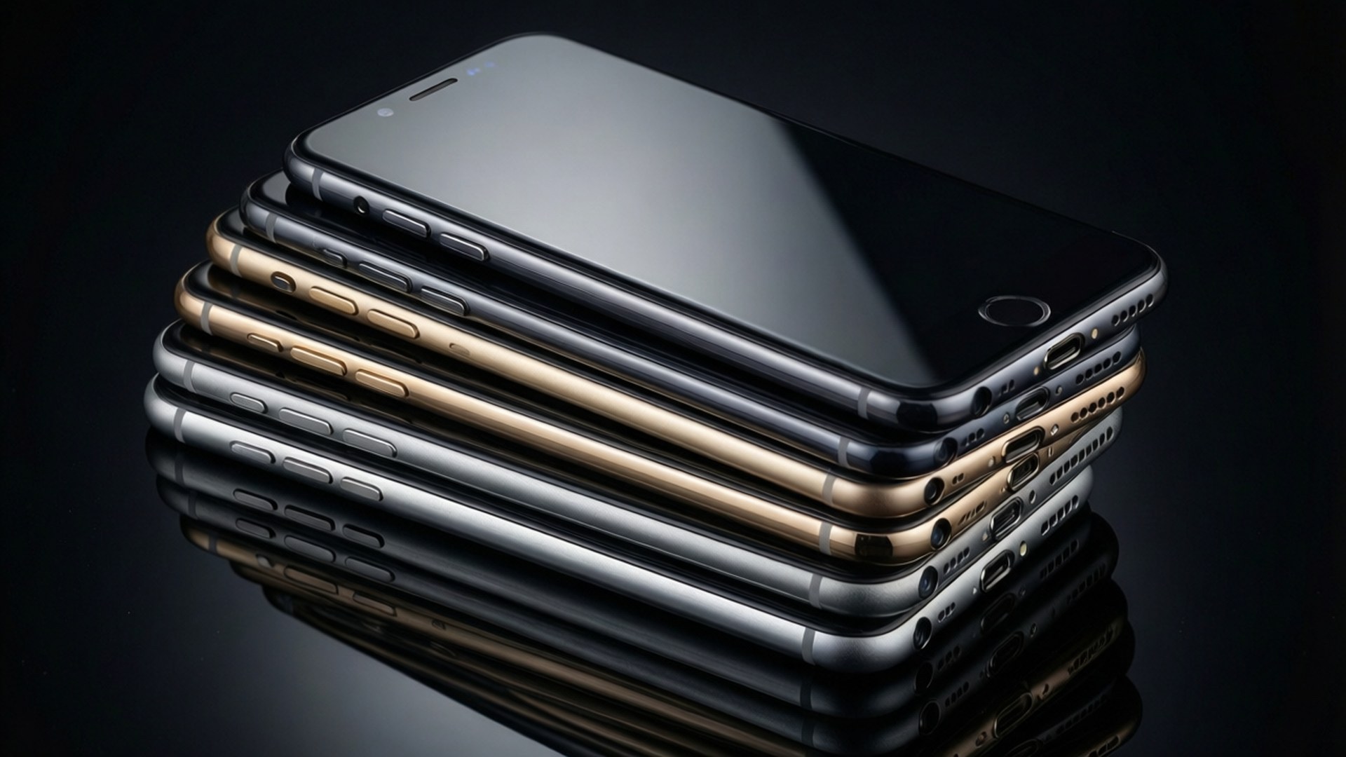 Smartphone Colors Stack 壁紙 — 一堆時尚智慧型手機，黑色、金色和銀色色調，在光滑的深色表面上反射。