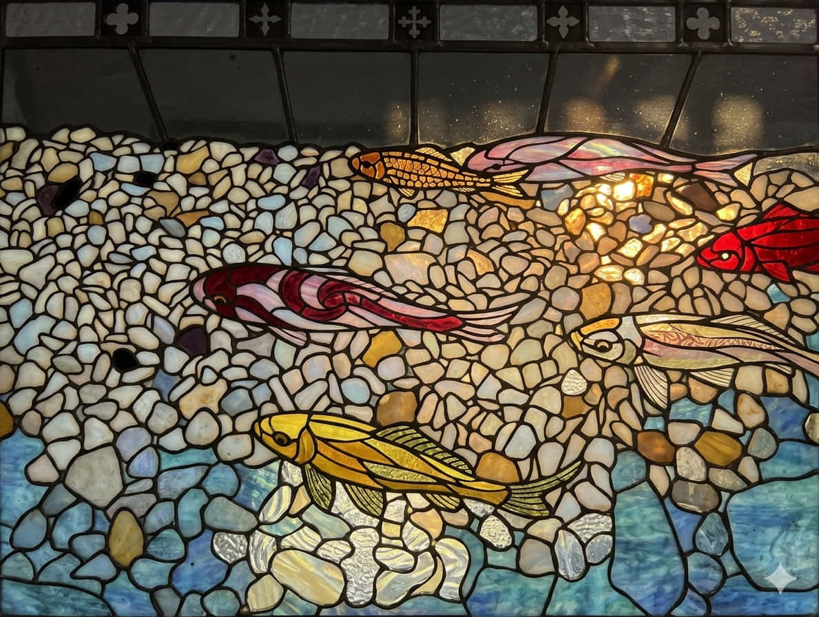 彩色玻璃藝術品，展示魚在金色光線下於鵝卵石上的水中游動。