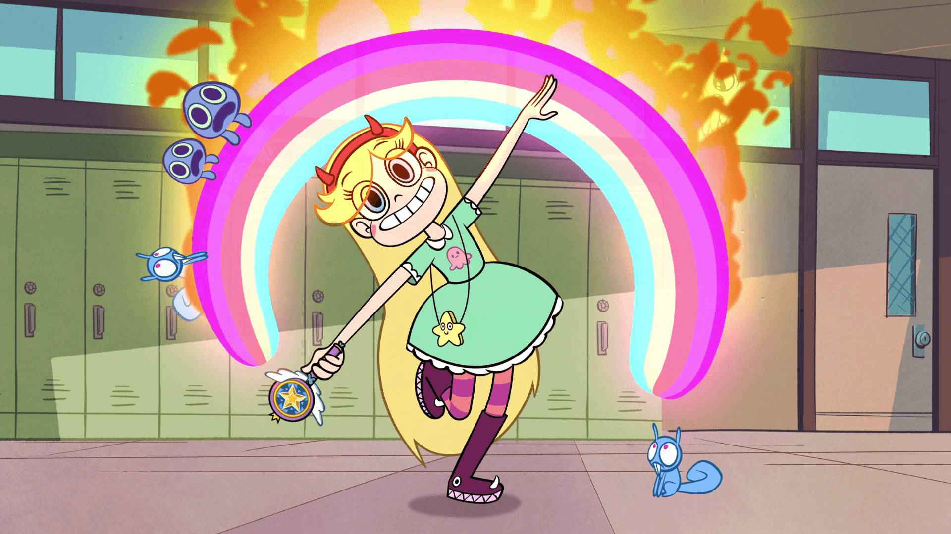 evil 桌布 壁紙 — Star Butterfly 在學校走廊中快樂地跳舞，揮舞著魔杖，身後有一道發光的彩虹和漂浮的藍色生物形成拱形。