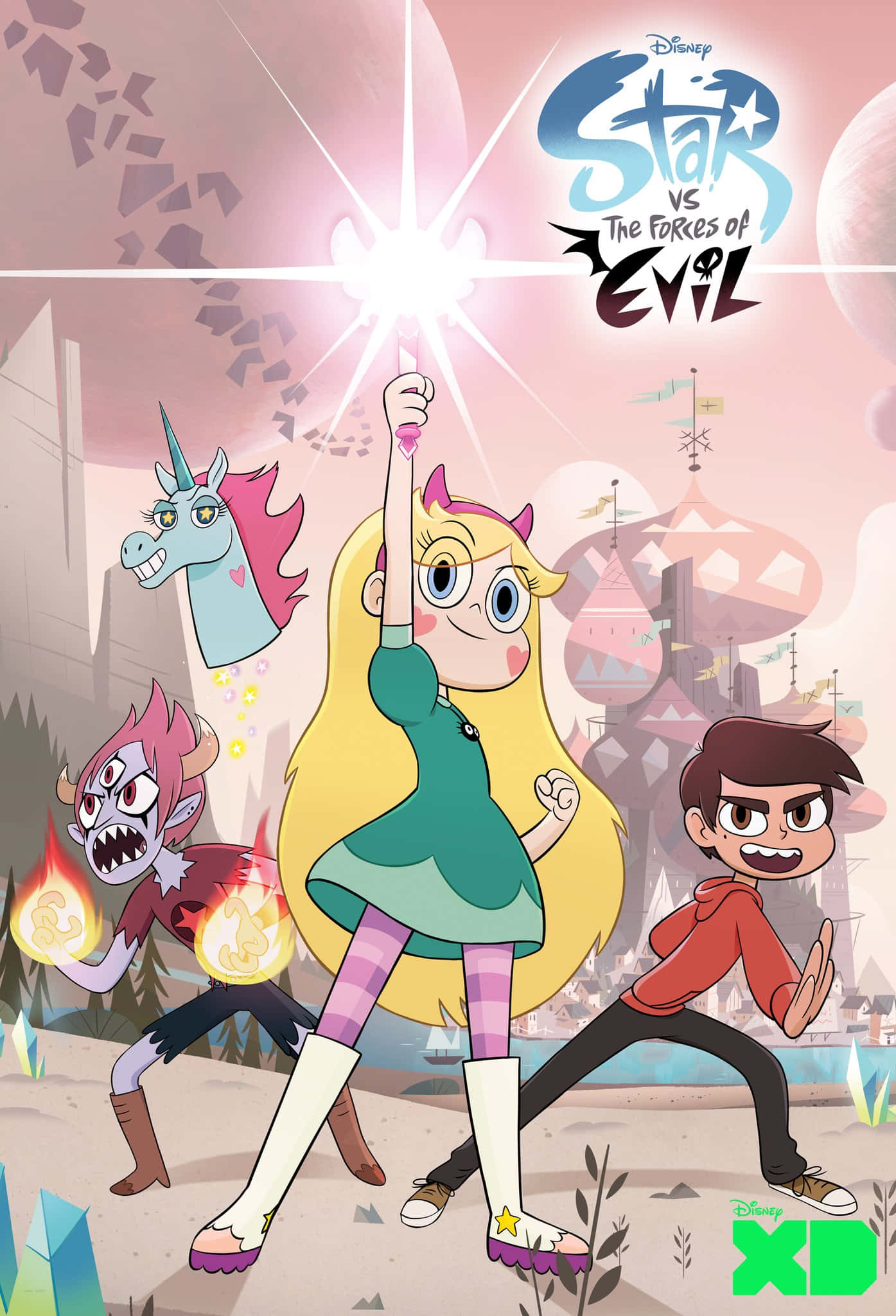Star Vs The Forces Of Evil 桌布 壁紙 — Star Butterfly 揮動魔法杖，她的朋友們在她身邊戰鬥，構成一個充滿活力的動畫奇幻場景。
