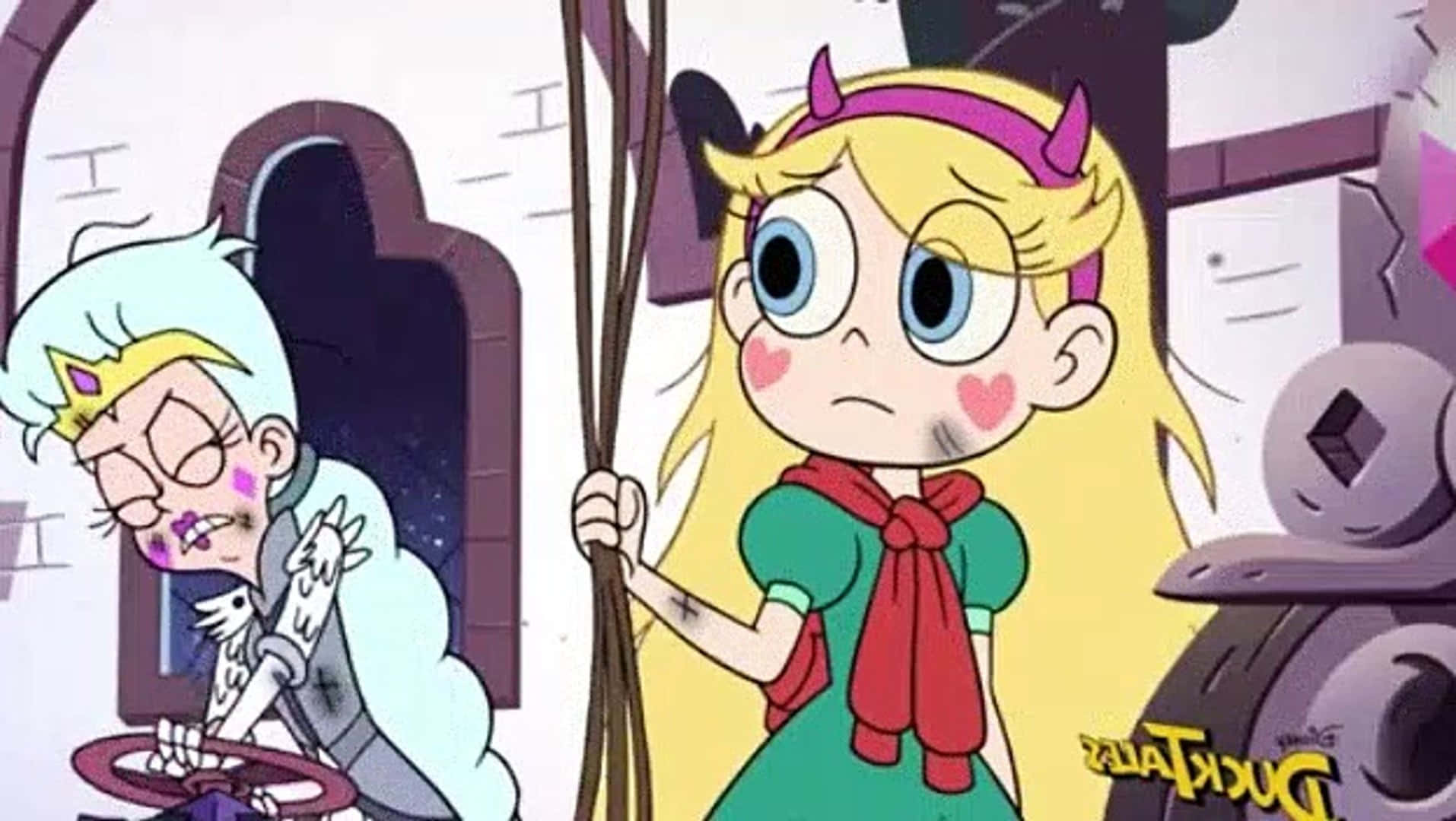 Star Vs The Forces Of Evil 桌布 壁紙 — Star Butterfly 看起來很惱火，一邊拿著掃帚，身後一個疲憊的幽靈般的身影緊握著方向盤。