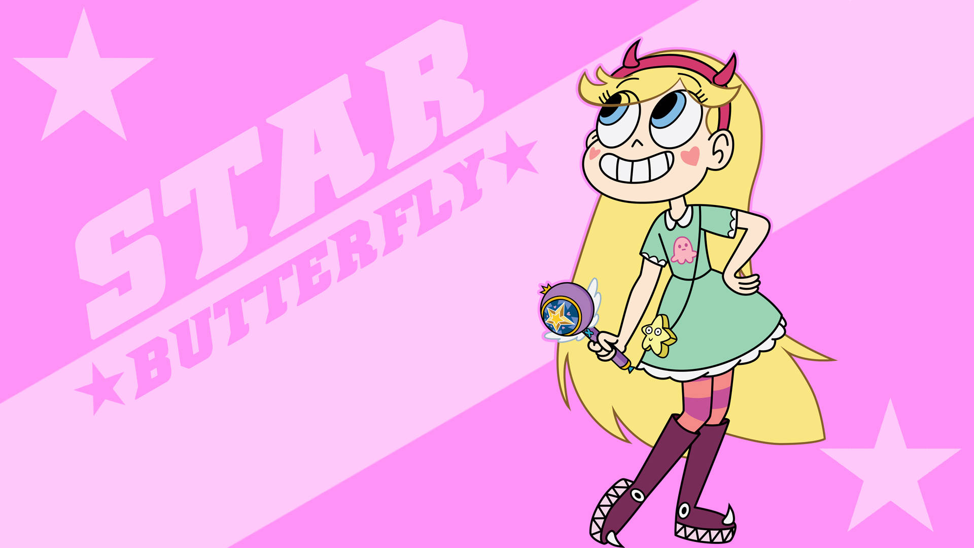 xd 桌布 壁紙 — Star Butterfly 自信地站在充滿活力的粉紅色背景上，手持魔杖，周圍有星星和文字。