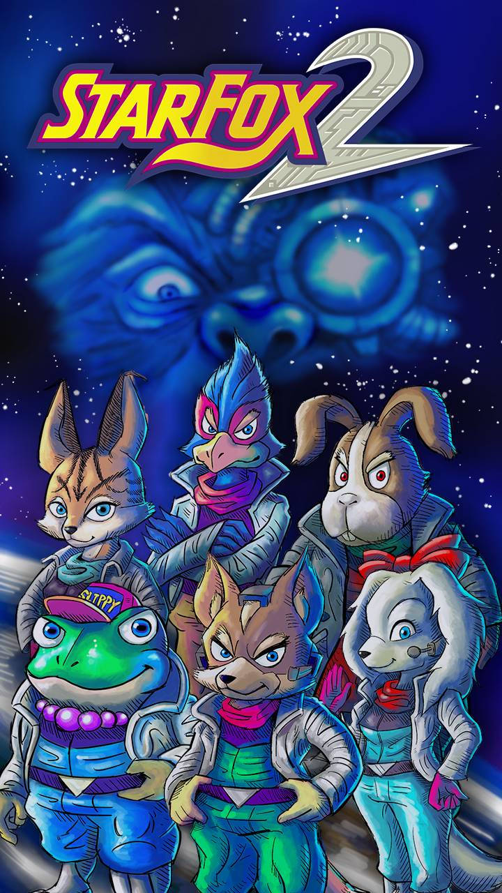 Star Fox 桌布 壁紙 — Star Fox 2 遊戲海報，展示五個擬人化動物角色穿著未來裝備，背景是星空太空，有一個逼近的外星人面孔。
