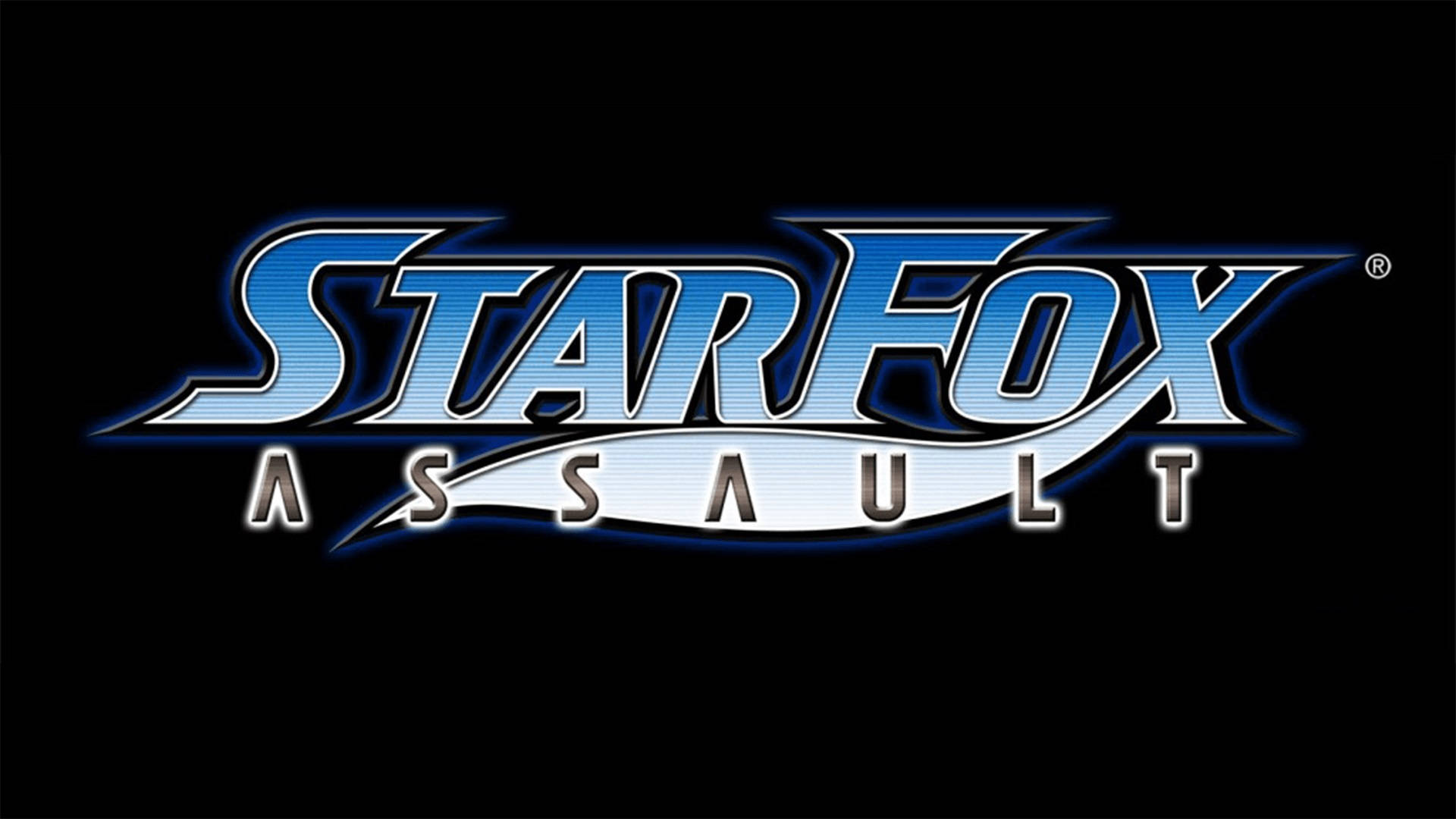 Star Fox 桌布 壁紙 — Star Fox Assault 標誌在純黑背景上閃耀著金屬藍色和銀色光芒。