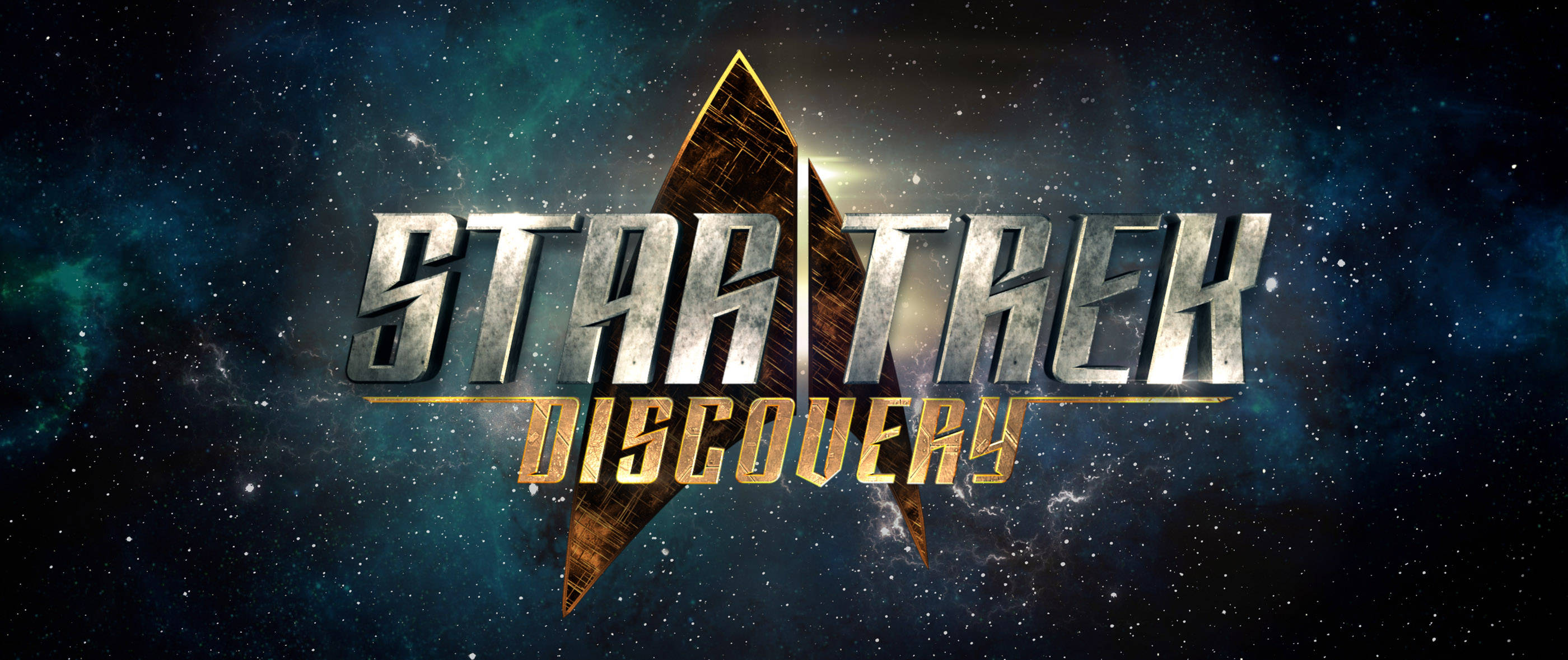 Discovery 桌布 壁紙 — Star Trek Discovery 標誌在旋轉星雲和遙遠恆星的宇宙背景下閃耀。