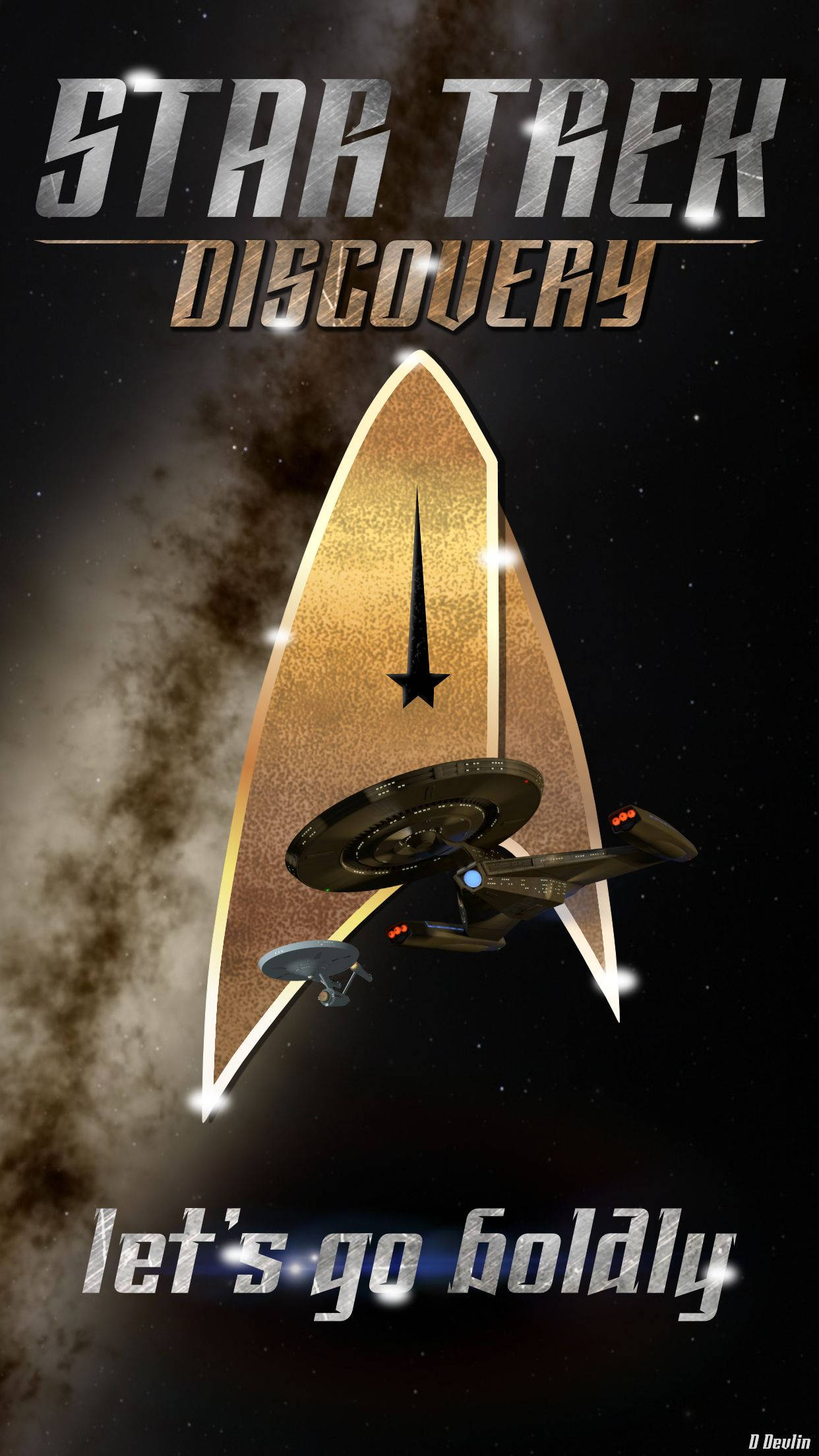 星際爭霸戰 iPhone 桌布 桌布 壁紙 — Star Trek Discovery 星艦從金色曲速泡中出現，背景是星空宇宙，帶有發光文字。