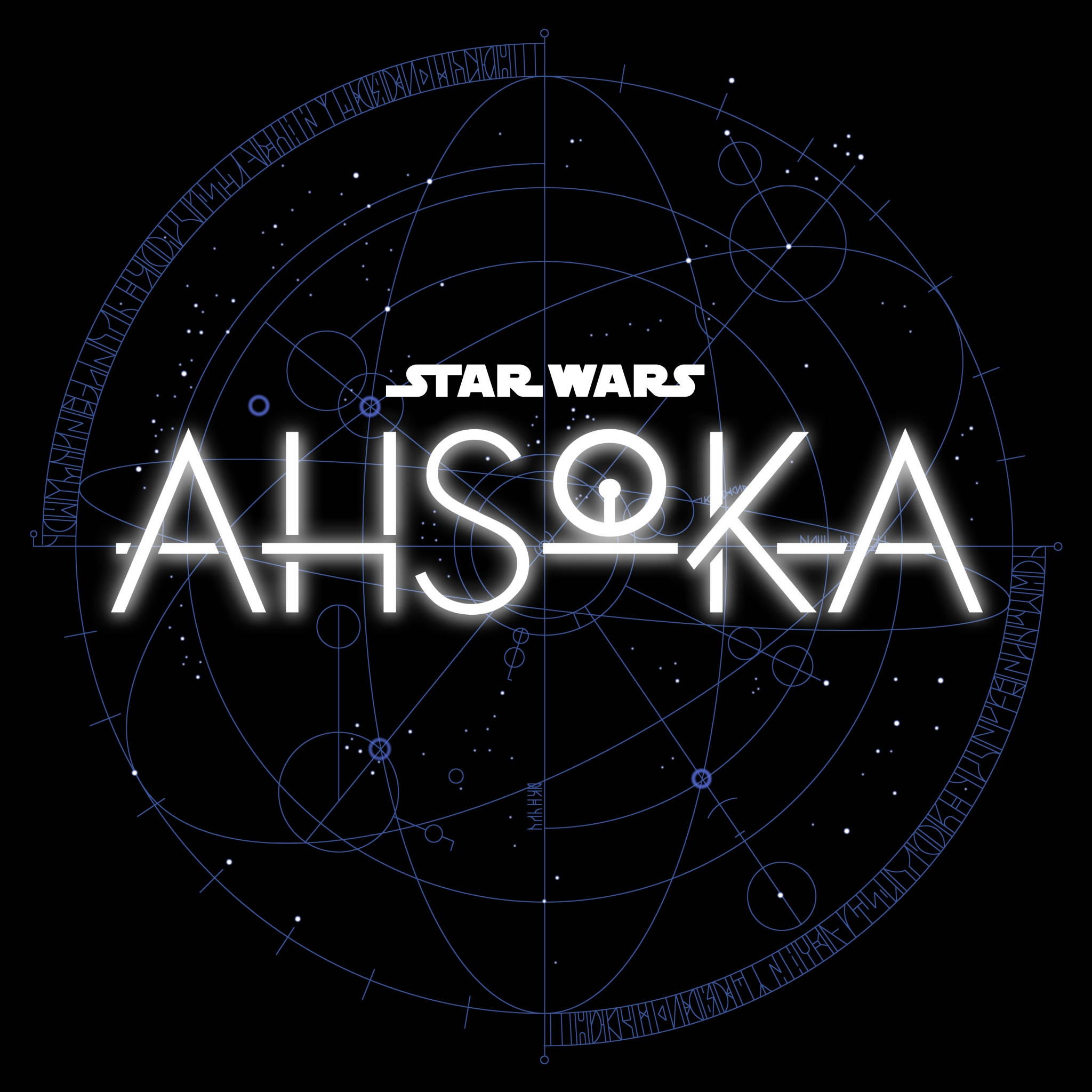 動畫 桌布 壁紙 — Star Wars Ahsoka 標題標誌在黑色背景上發出白色光芒，並帶有藍色星圖和星座。