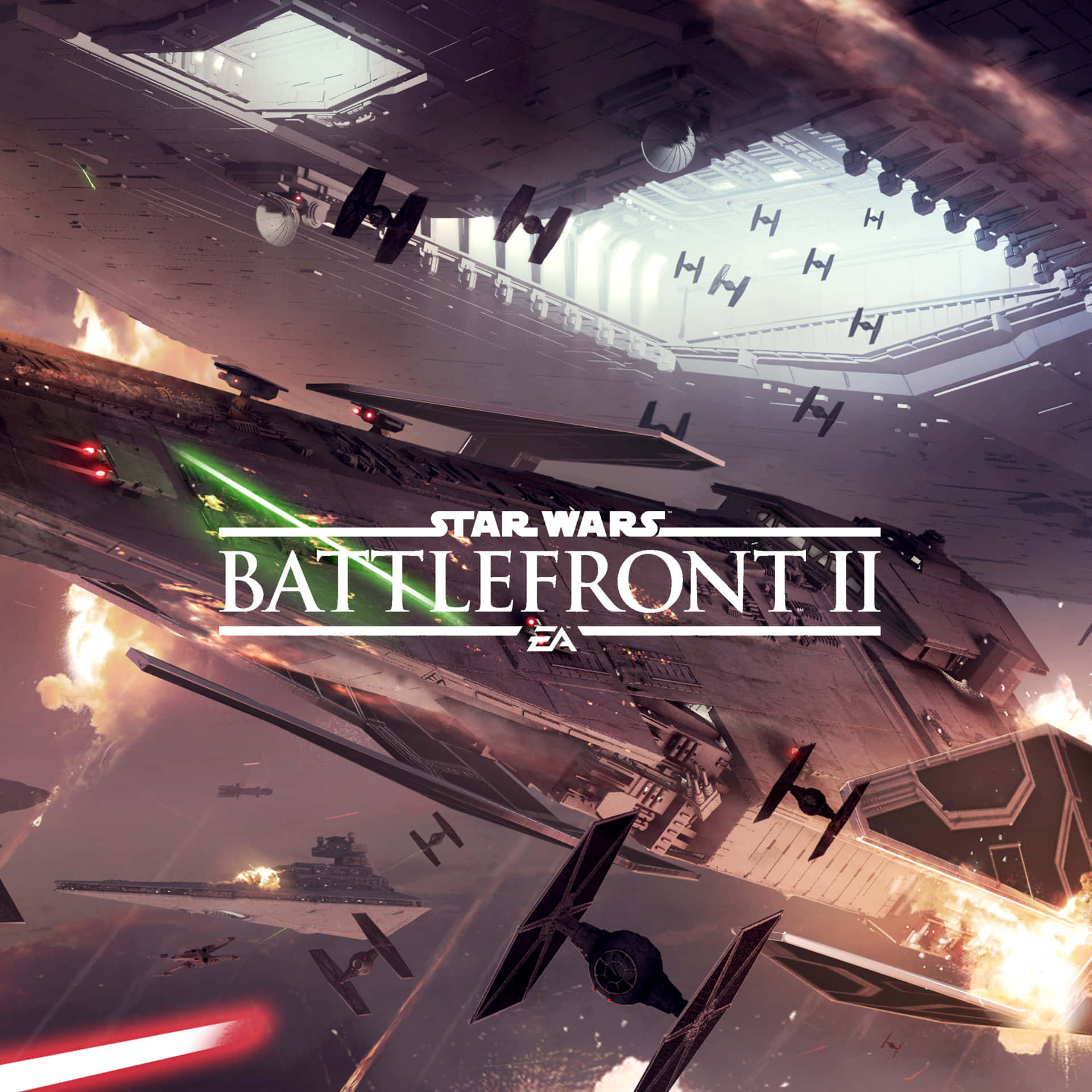 The Battle Of Jakku 桌布 壁紙 — Star Wars Battlefront II 宣傳藝術展示了TIE戰機和X翼戰機在巨大的星際驅逐艦附近爆炸中進行纏鬥。