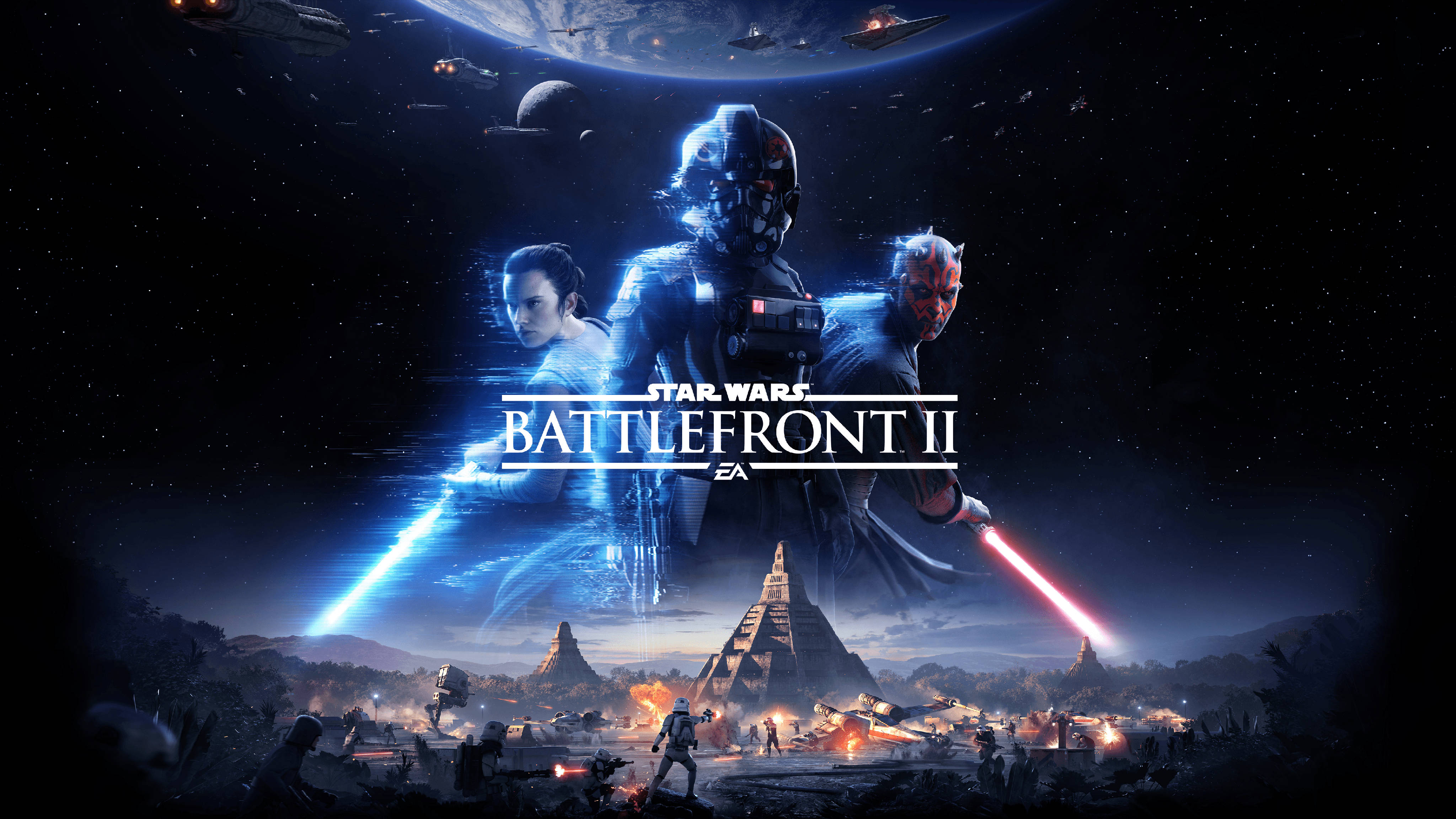4K 星際大戰 桌布 壁紙 — Star Wars Battlefront II 宣傳藝術展示了 Rey、Darth Vader 和 Darth Maul 在星空下、行星和太空船之上的戰場上揮舞光劍。