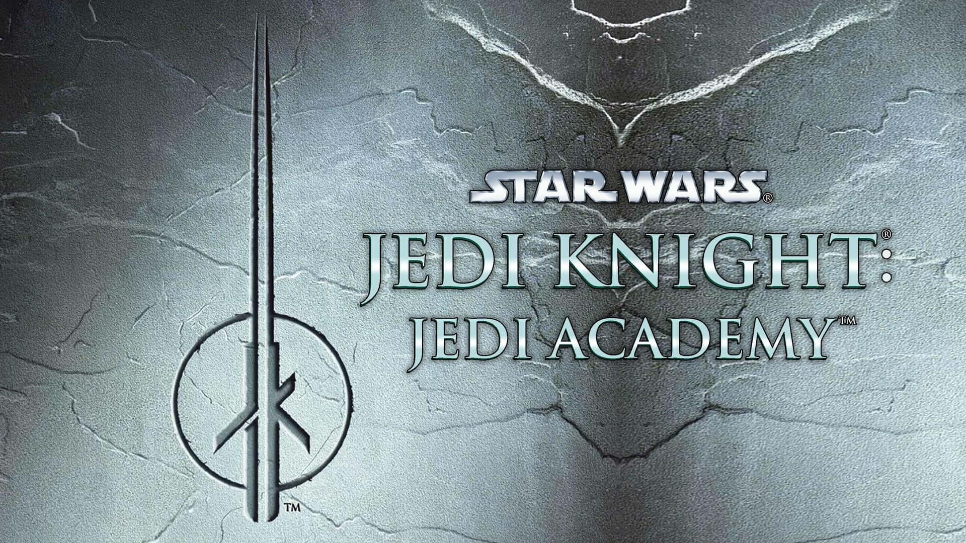 Jedi Knight 桌布 壁紙 — Star Wars Jedi Knight Jedi Academy 標誌蝕刻在裂開的金屬石上，帶有發光的青綠色字體。