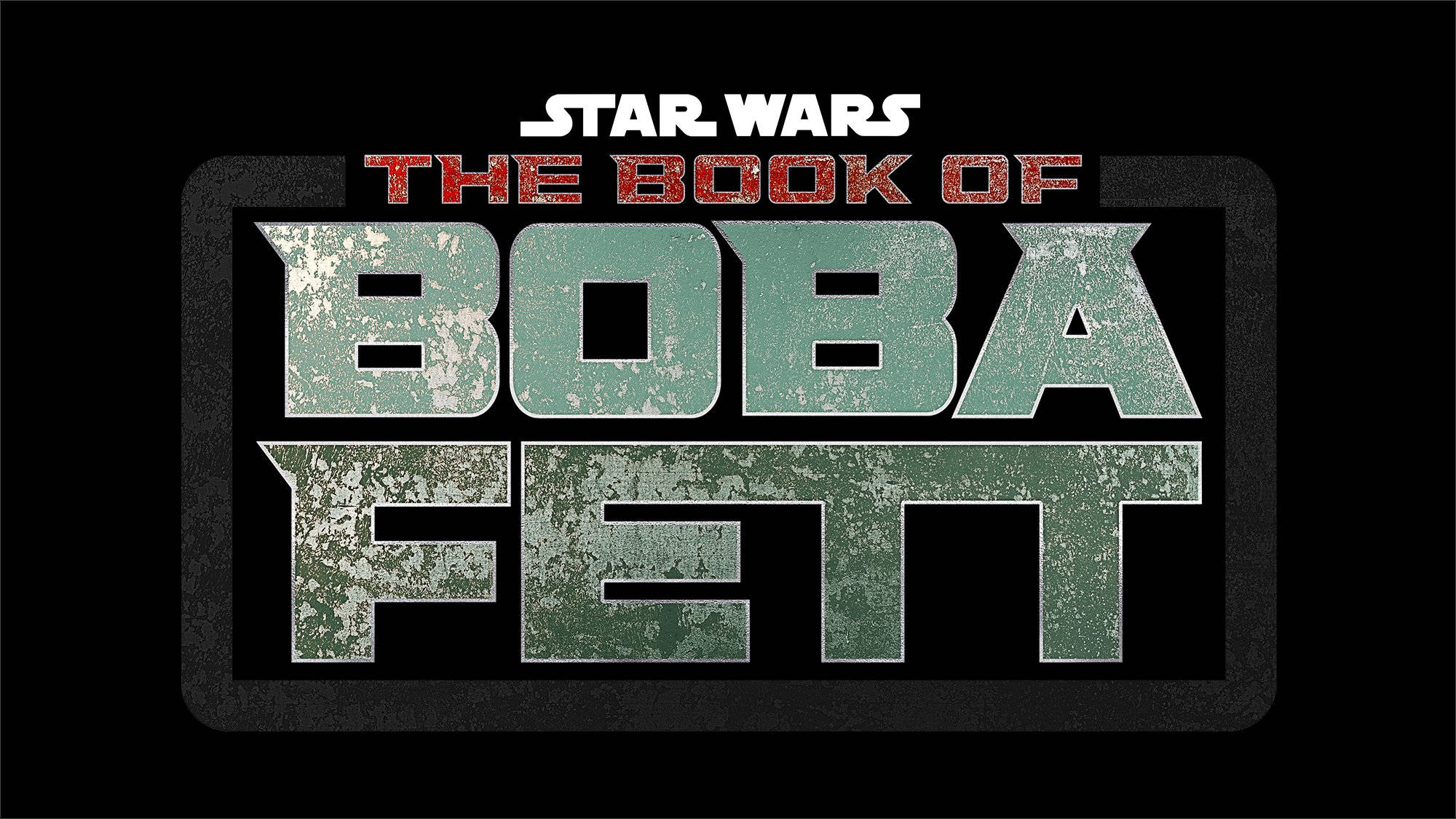 Boba 桌布 壁紙 — Star Wars The Book of Boba Fett 標誌，帶有風化效果的綠色和紅色文字，背景為黑色。