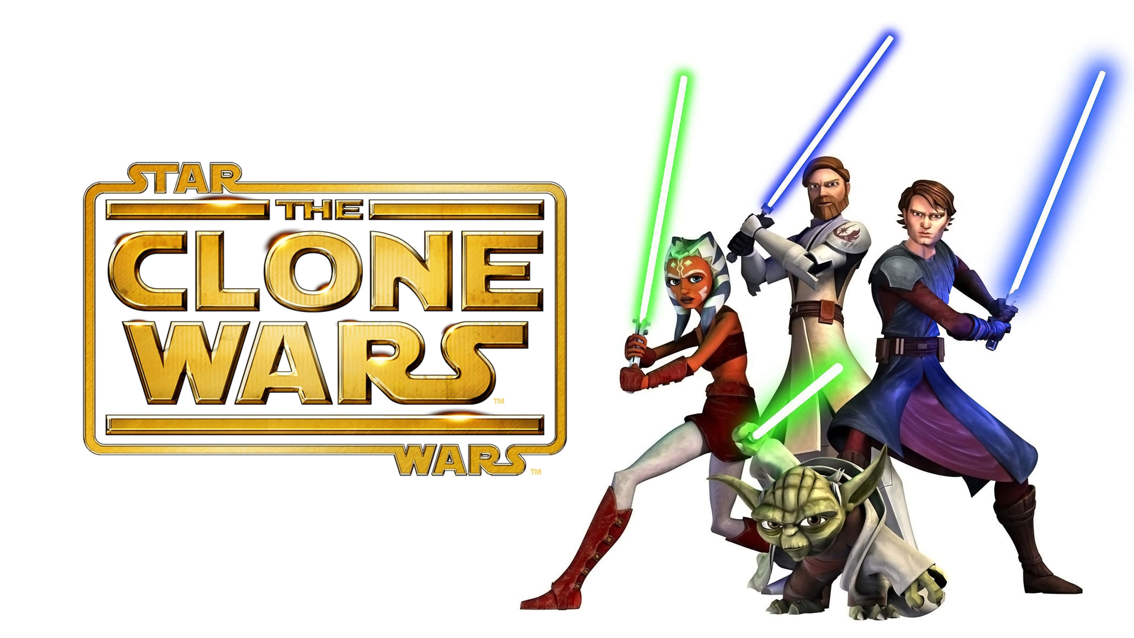 The Clone Army 桌布 壁紙 — Star Wars The Clone Wars 標誌，亞蘇卡、安納金和尤達以動態姿勢揮舞光劍。