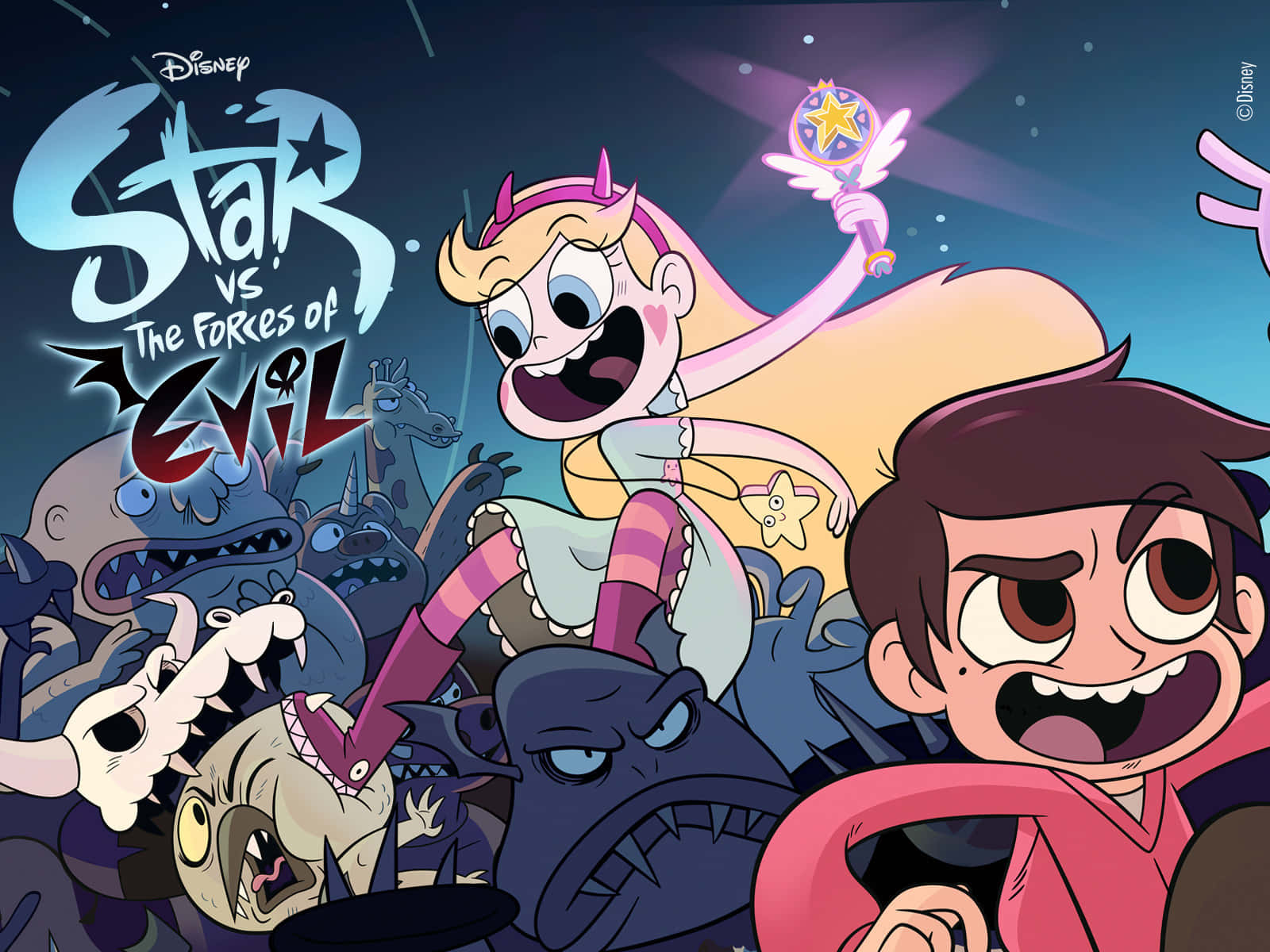 星蝶公主 桌布 壁紙 — Star 和 Marco 在星空下用魔法和決心對抗邪惡怪物。