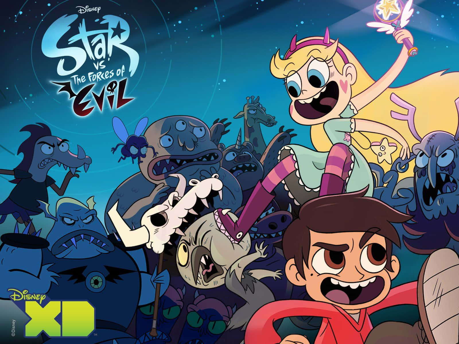 Star Vs The Forces Of Evil 桌布 壁紙 — Star 和 Marco 在星空下愉快地與一群怪物戰鬥，這是一張迪士尼 XD 動畫海報。