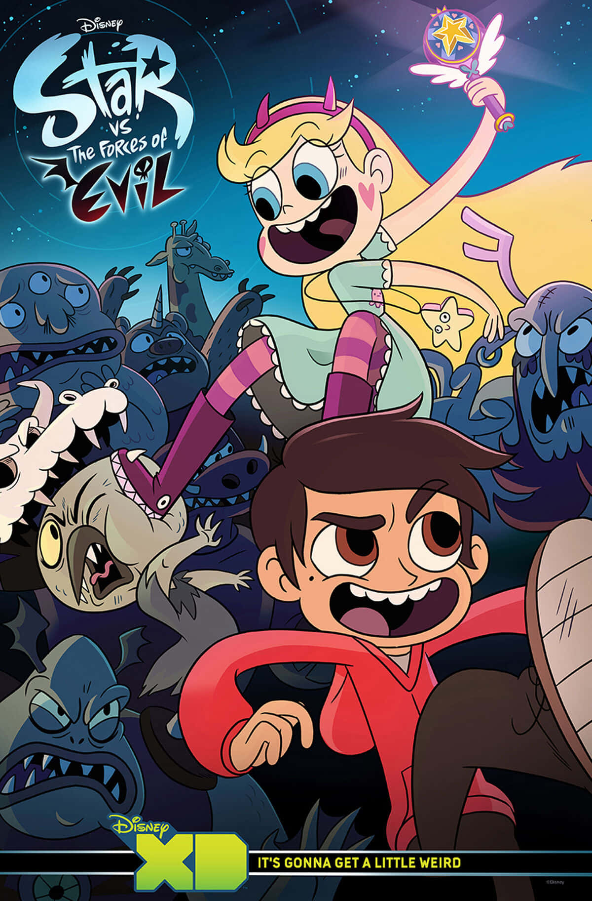 Star Vs The Forces Of Evil 桌布 壁紙 — Star 和 Marco 在繁星點點的夜空下與怪物戰鬥，呈現於充滿活力的動畫海報中。