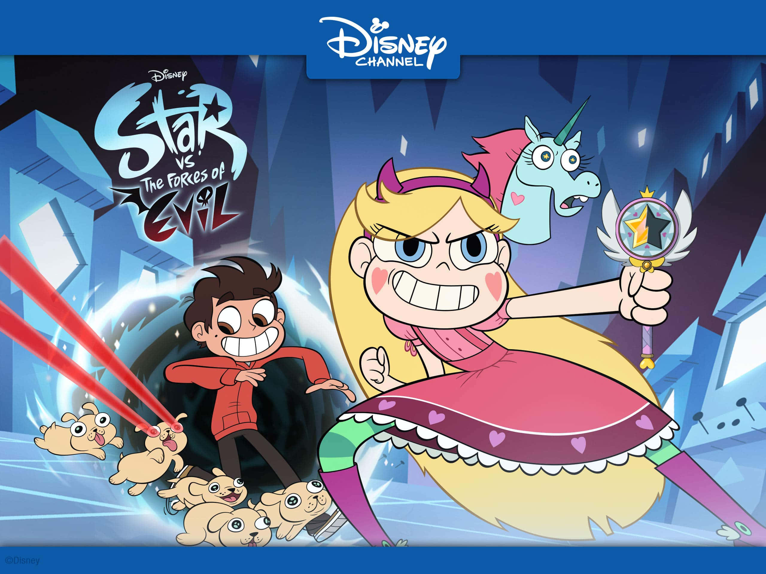 星蝶公主 桌布 壁紙 — Star 和 Marco 用雷射眼小狗和魔法星杖在充滿活力的動畫場景中對抗邪惡。
