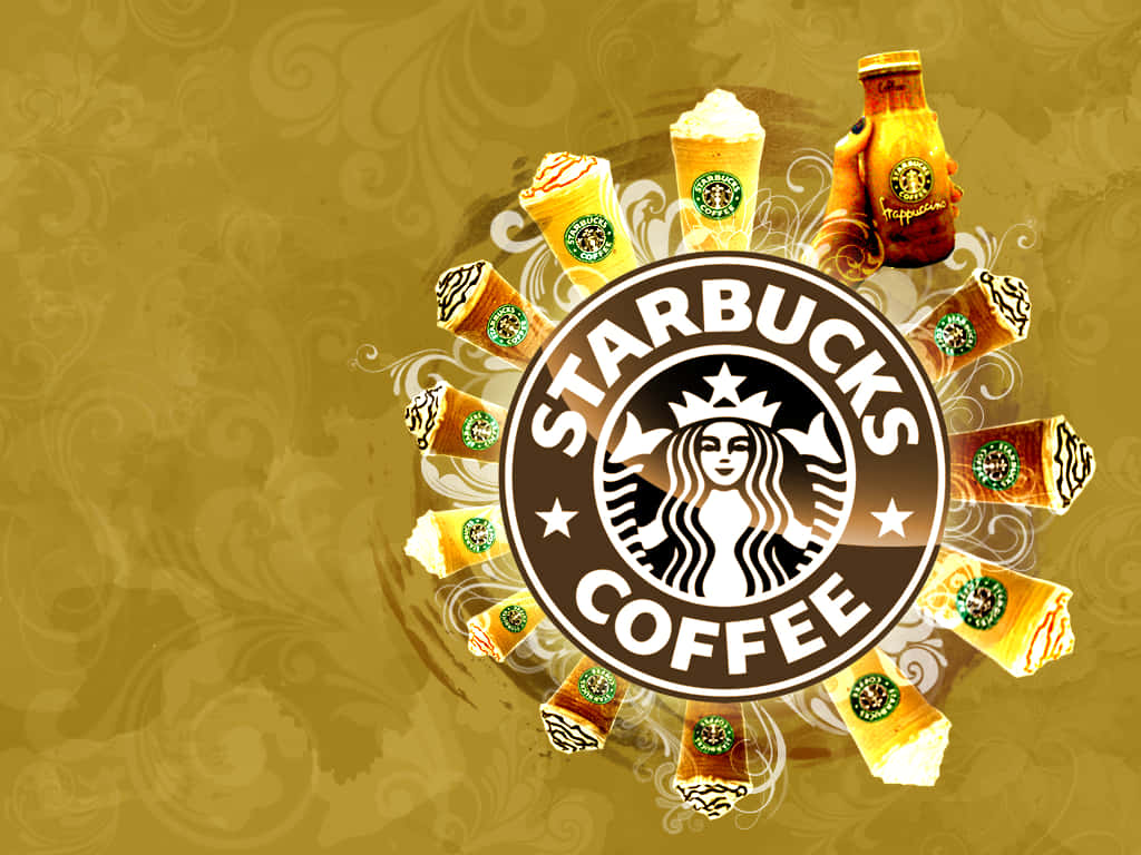 星巴克 桌布 壁紙 — Starbucks 標誌被各種咖啡飲品和一瓶星冰樂包圍，背景是旋轉的金色。