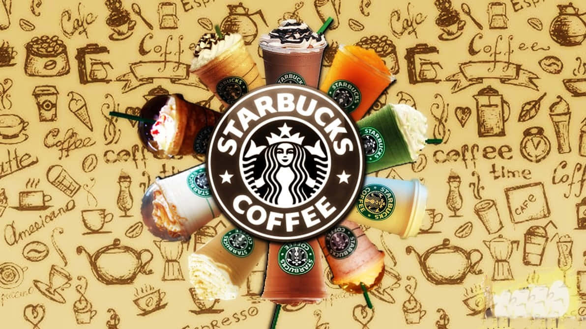 Aesthetic Starbucks 桌布 壁紙 — Starbucks 標誌被色彩繽紛的飲品包圍，背景是手繪咖啡主題。