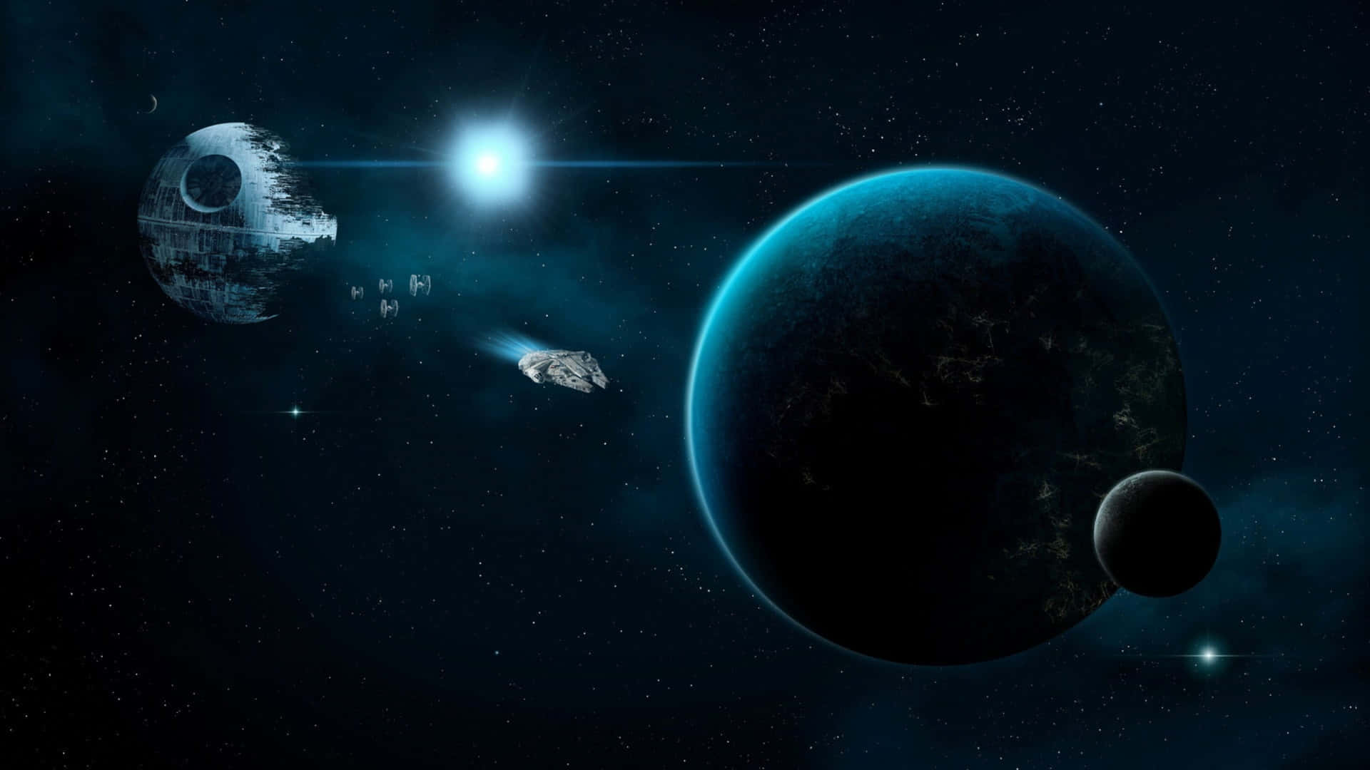  壁紙 — 一個星空場景，包含死星、星際戰鬥機和一個藍色星球，位於一顆明亮恆星之下。