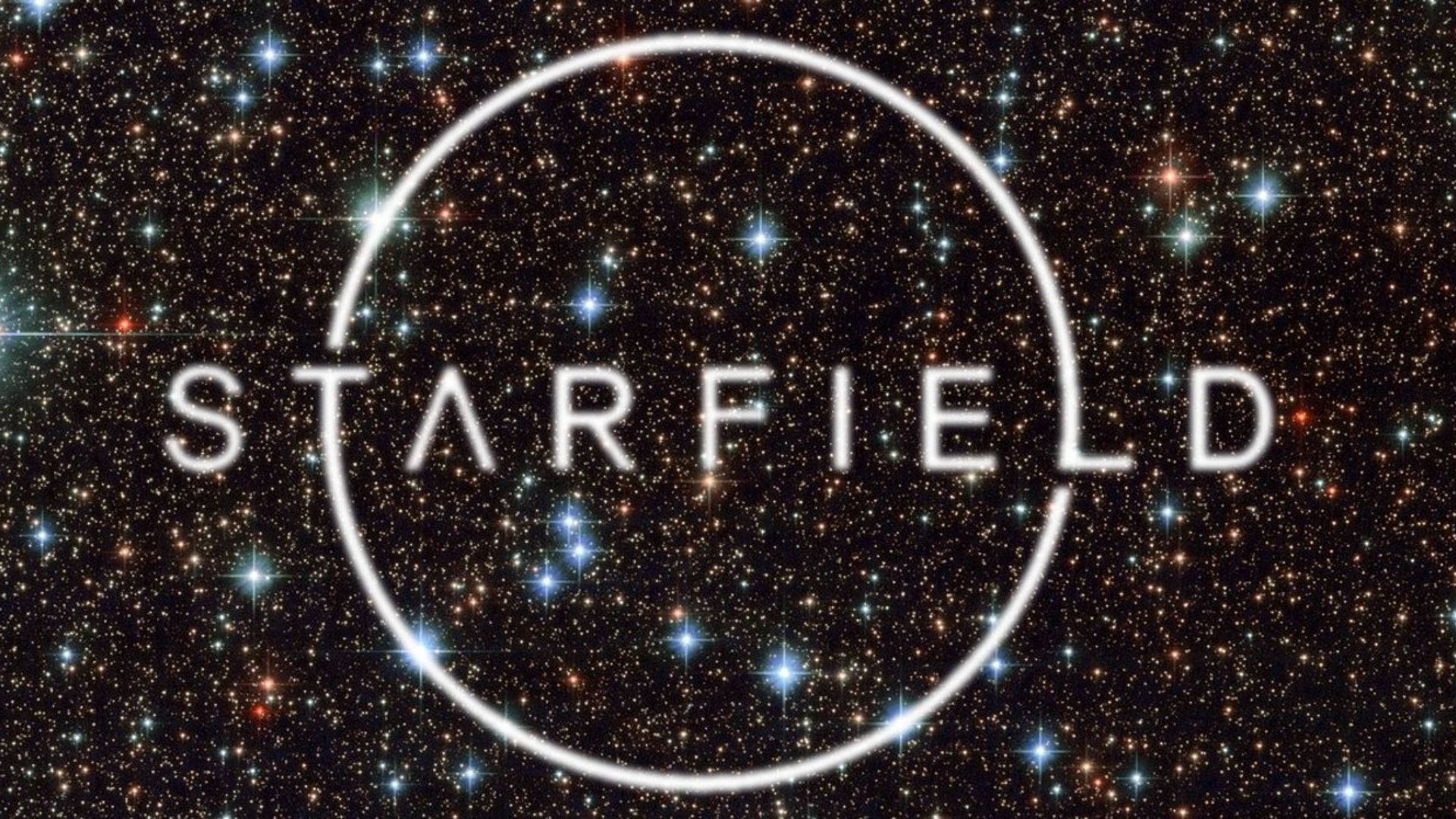 星空 桌布 壁紙 — 「STARFIELD」一詞在閃爍星群密集的背景下，於發光圓形框架內發出白色光芒。