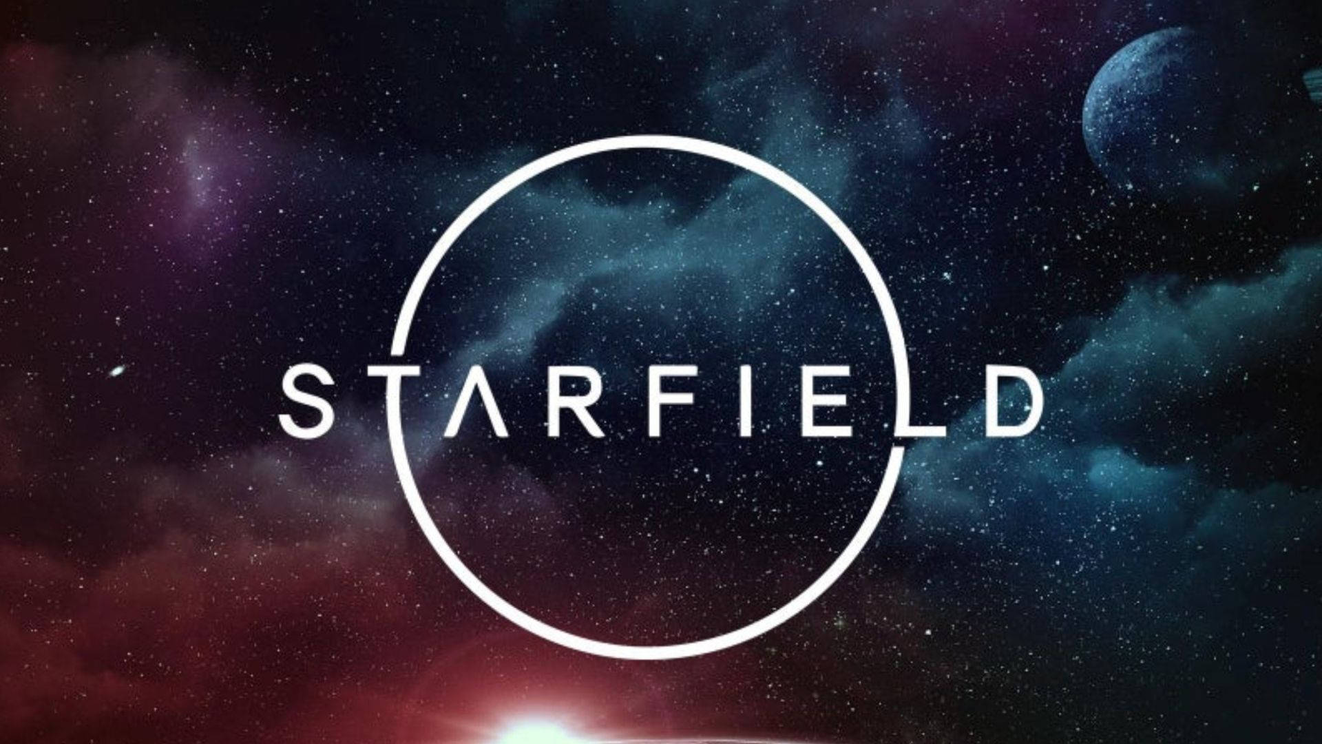 星空 桌布 壁紙 — STARFIELD 這個詞以粗體白色字母出現在一個圓圈內，背景是星空、星雲和一顆遙遠行星的宇宙背景。
