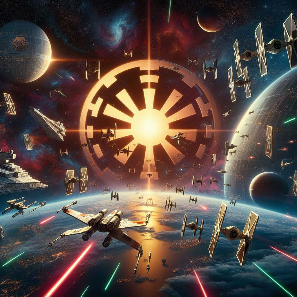  壁紙 — 星際戰機在行星上空作戰，死星在太空中籠罩著發光的帝國標誌。