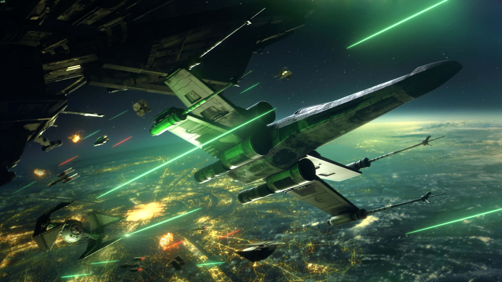  壁紙 — 星際戰機在發光行星上空決鬥，綠色雷射爆炸和爆炸照亮了宇宙戰場。