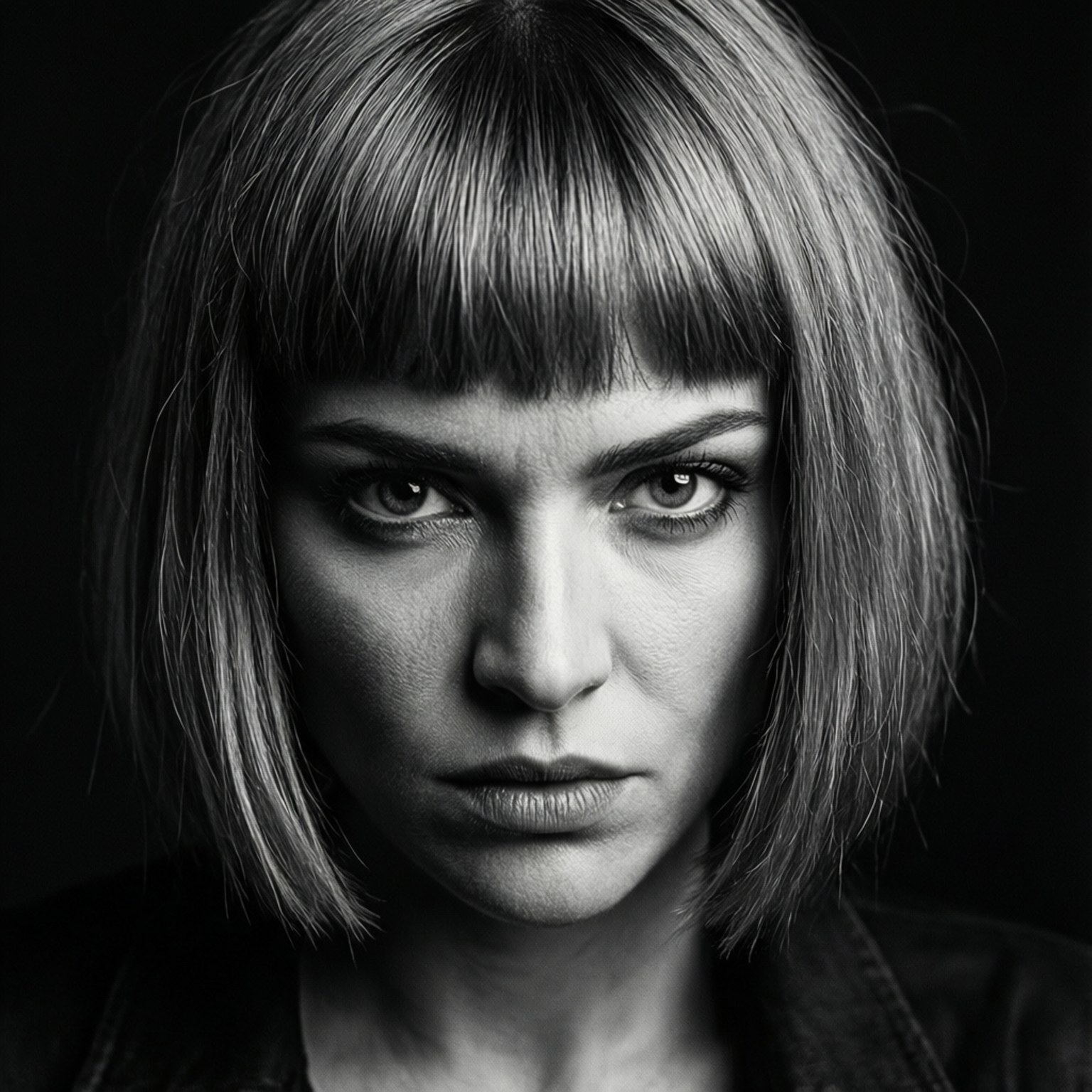 Bowl-Cut Portrait 壁紙 — 一幅鮮明的黑白肖像，一位留著鈍鮑伯頭的女士在黑暗背景下凝視鏡頭。