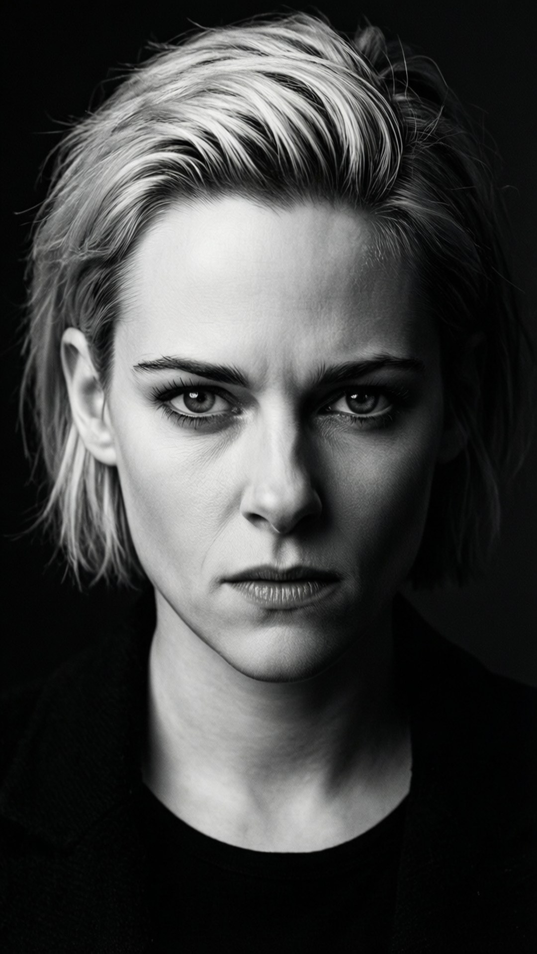 Bold Monochrome Portrait 壁紙 — 一幅鮮明的黑白肖像，一名短髮凌亂的女子在黑暗背景下凝視鏡頭。