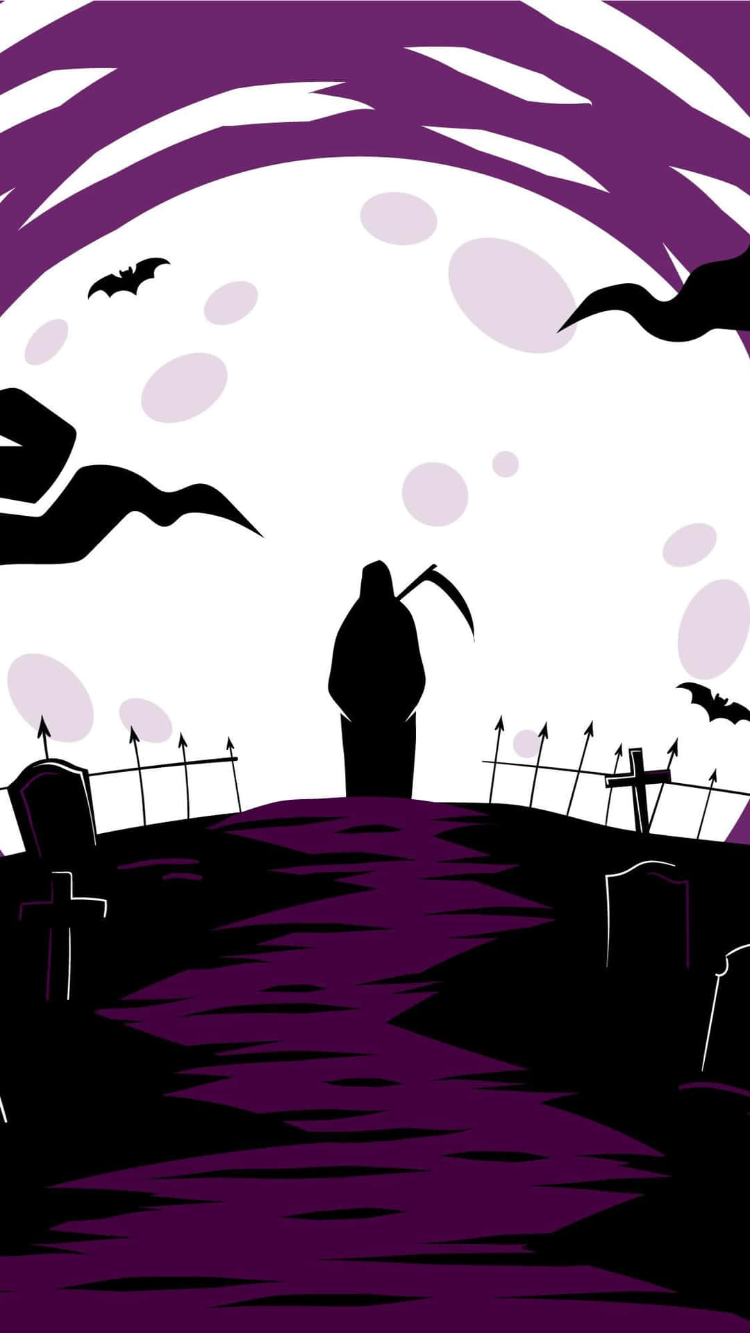  壁紙 — 一個清晰的死神剪影站在紫色調的墓園中，背景是漩渦狀的月亮和飛舞的蝙蝠。