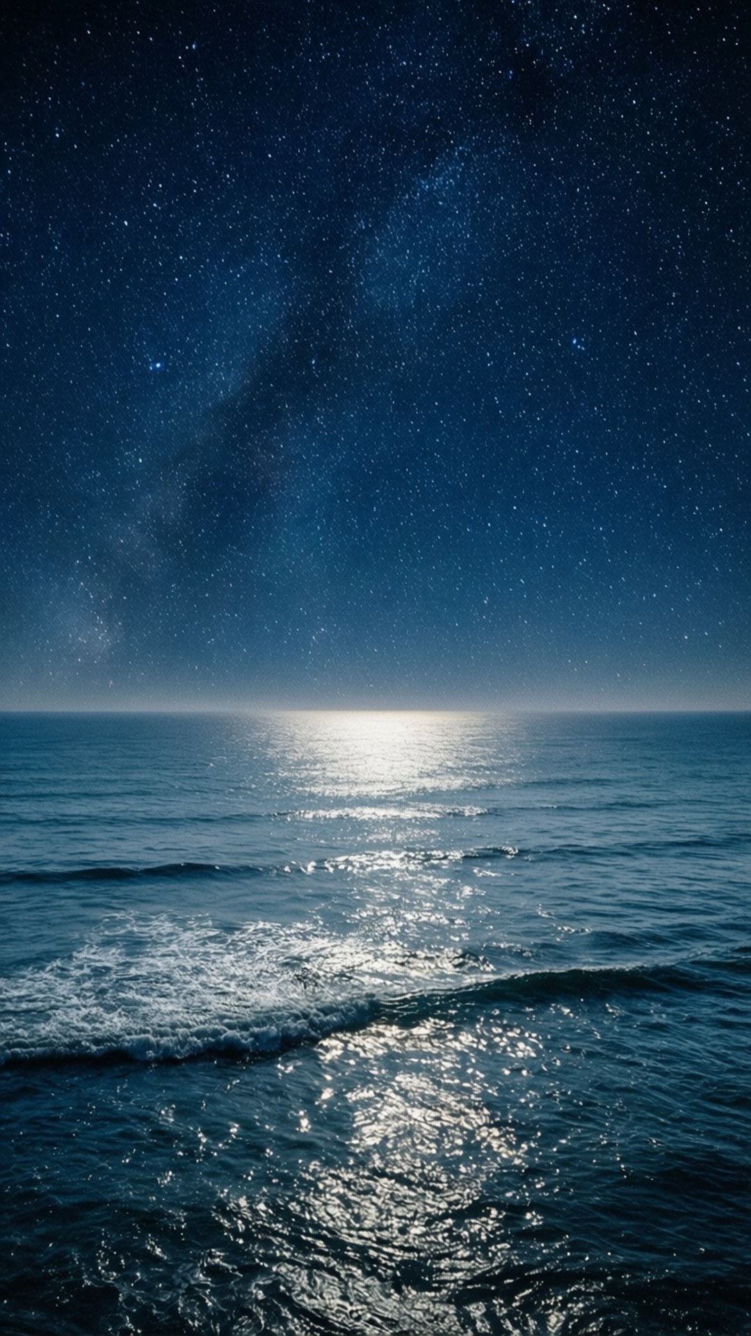 Starry Ocean Night Sky 壁紙 — 繁星點點的夜空，銀河在平靜的海面上拱起，海面反射著月光。