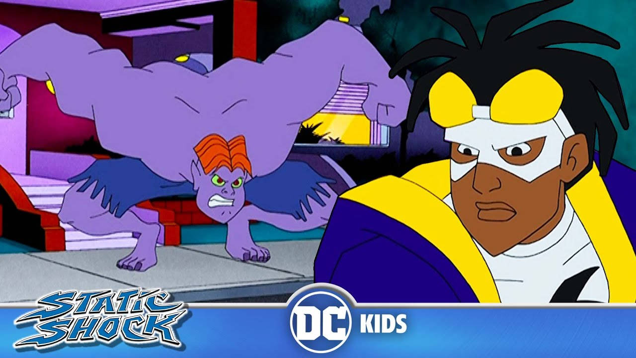 漫畫動圖 桌布 壁紙 — Static Shock 在充滿活力的動畫 DC Kids 場景中與紫色肌肉反派對峙。