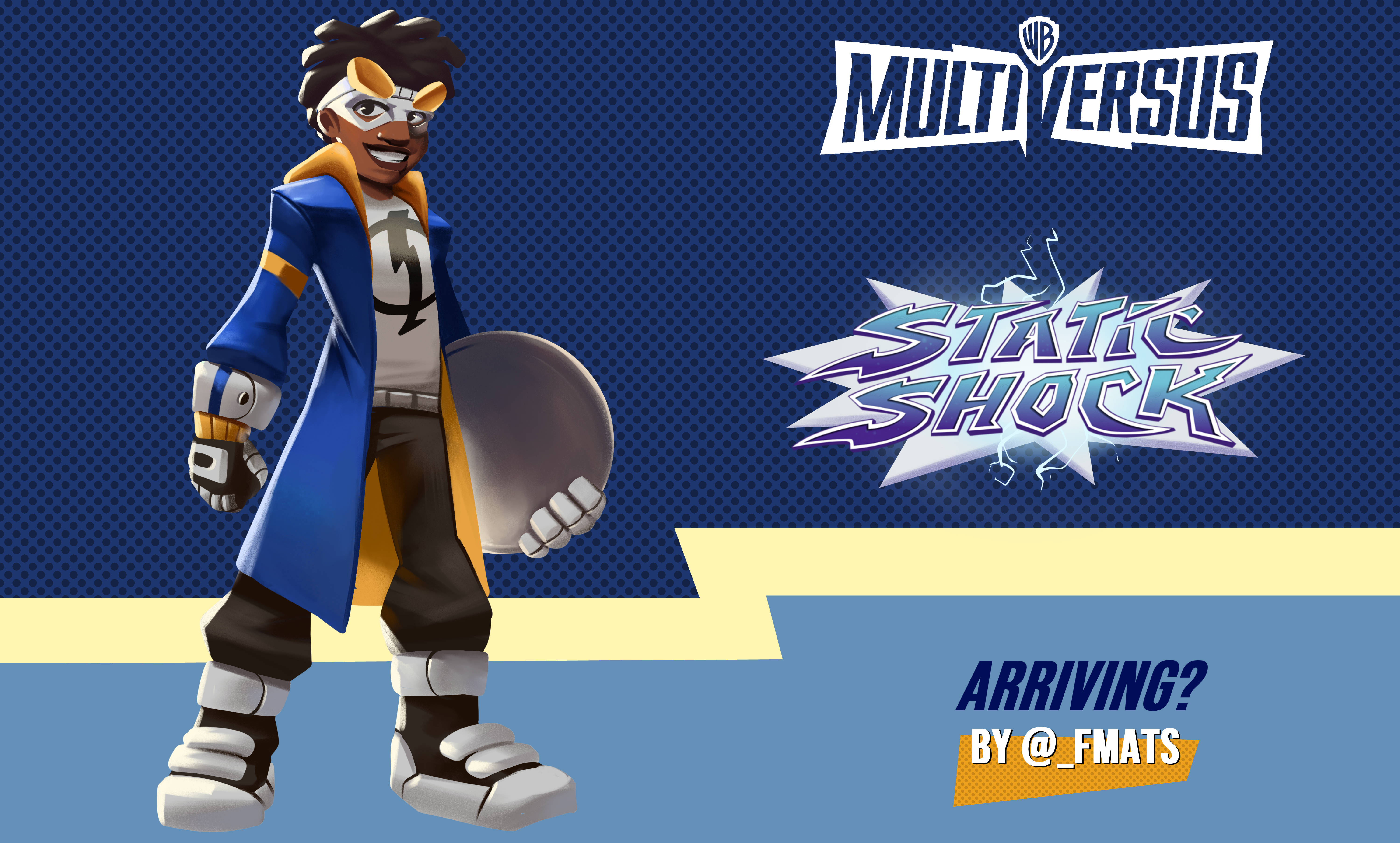 漫畫動圖 桌布 壁紙 — Static Shock 自信地穿著藍黃英雄服，手持盾牌，背景為藍色圓點和遊戲標誌。
