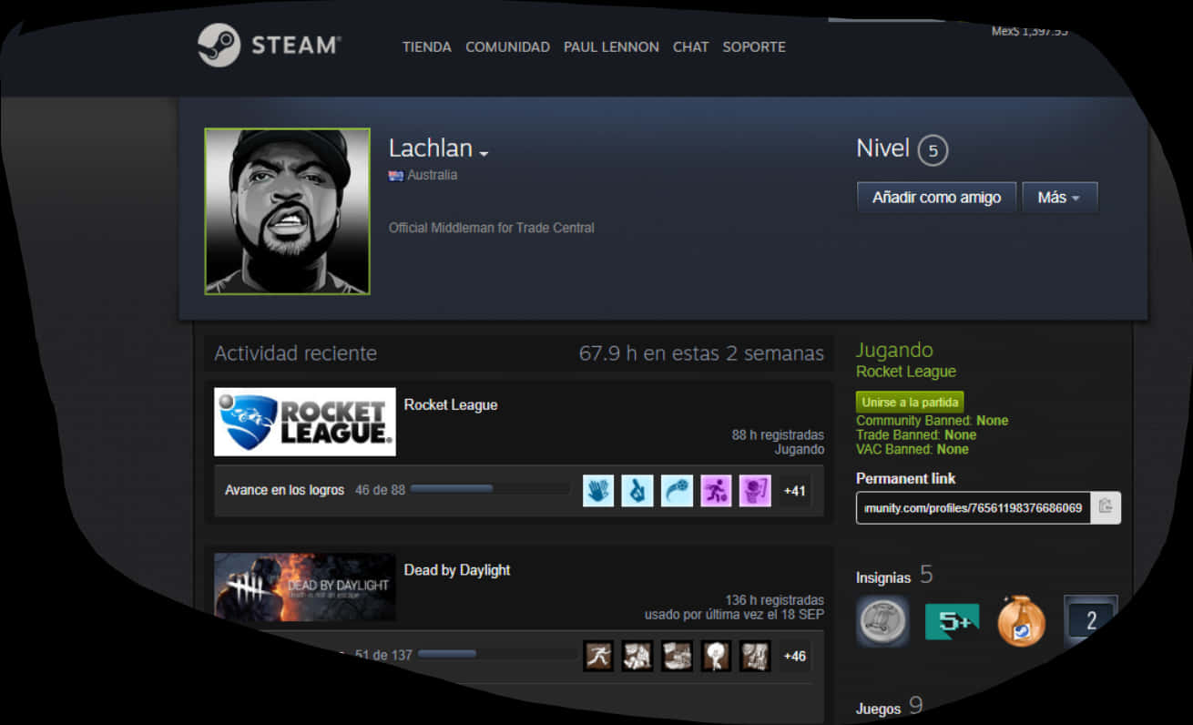火箭聯盟 桌布 壁紙 — Steam 個人資料頁面，顯示用戶 Lachlan 正在玩 Rocket League 和 Dead by Daylight，並附有最近的活動統計數據。
