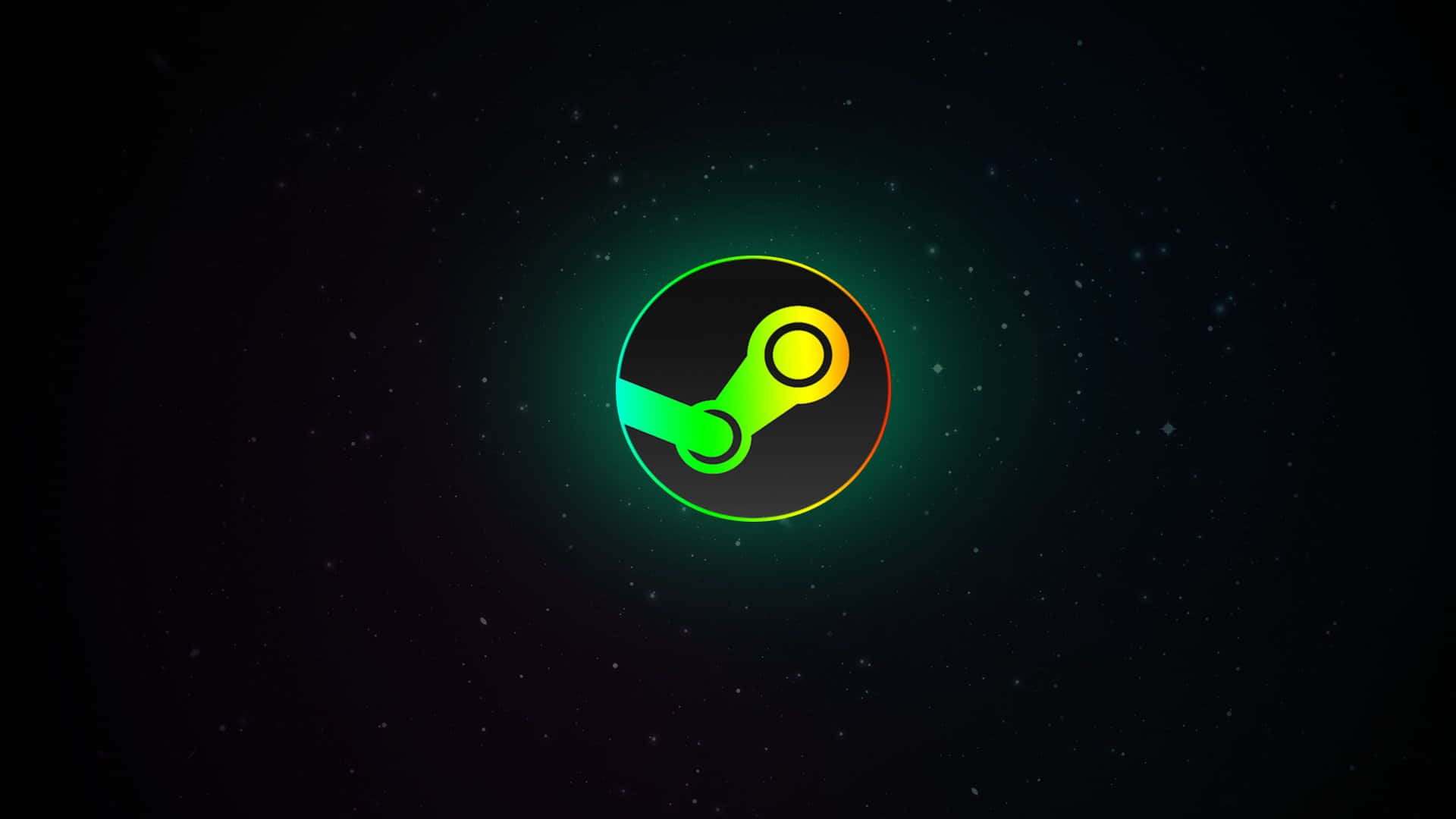 蒸氣龐克 桌布 壁紙 — Steam 標誌在佈滿星星的黑暗太空背景下發出綠色和黃色的光芒。