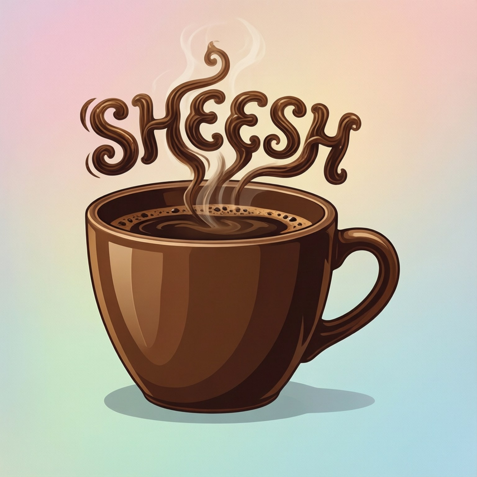 Sheesh Coffee Art 壁紙 — 一個冒煙的棕色咖啡杯，旋轉的蒸氣形成粗體巧克力色字樣 'SHEESH'，背景是柔和粉彩漸變色。