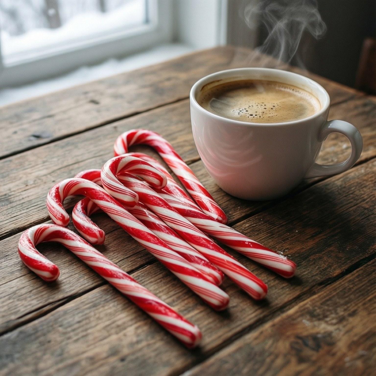 Candy Canes and Coffee 壁紙 — 一杯冒煙的咖啡放在一個鄉村風格的木桌上，旁邊是紅白條紋的拐杖糖，靠近一個積雪的窗戶。